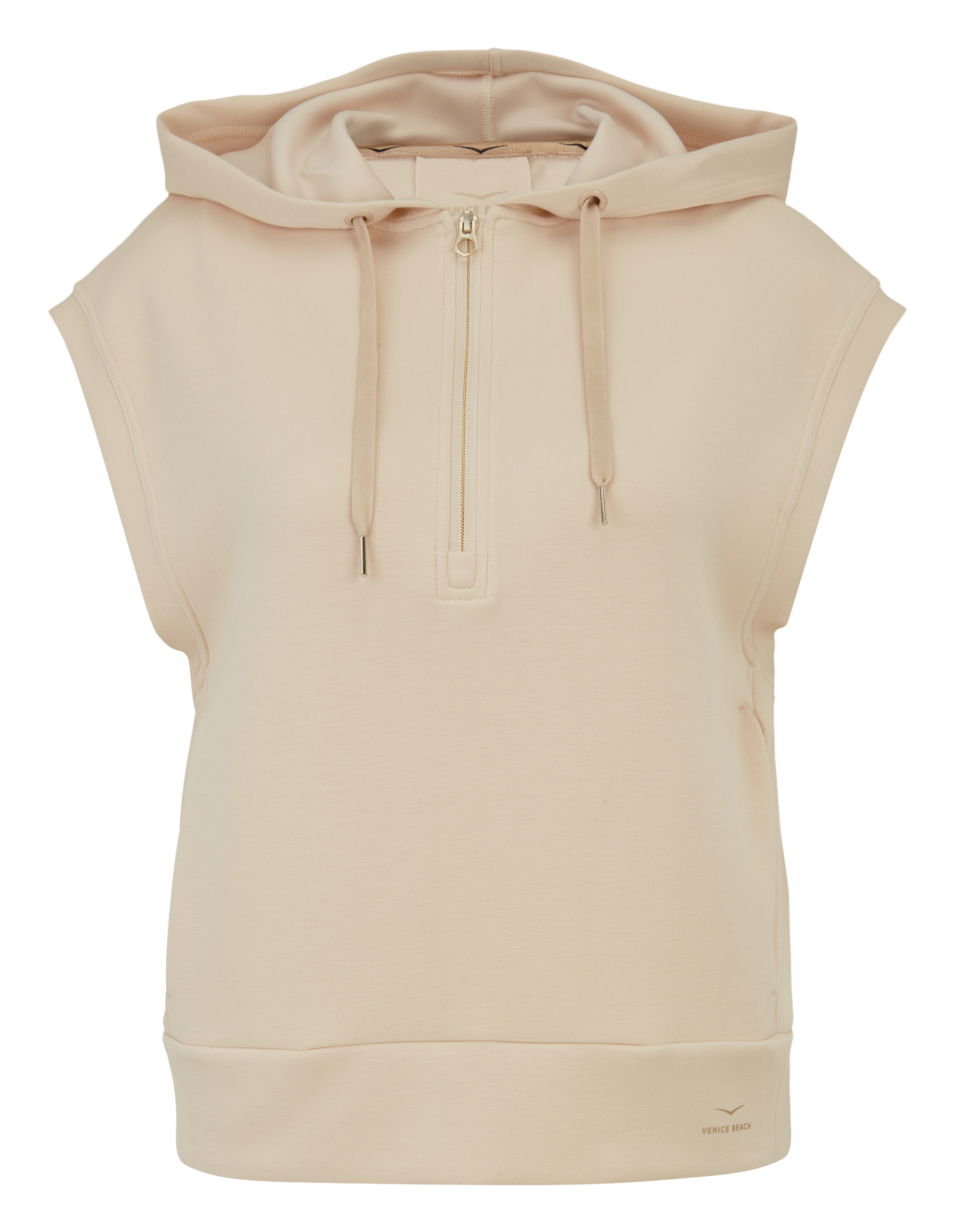 Beigefarbener, ärmelloser Kapuzenpullover mit halbem Reißverschluss, perfekt für gemütliche Freizeit-Loungewear.