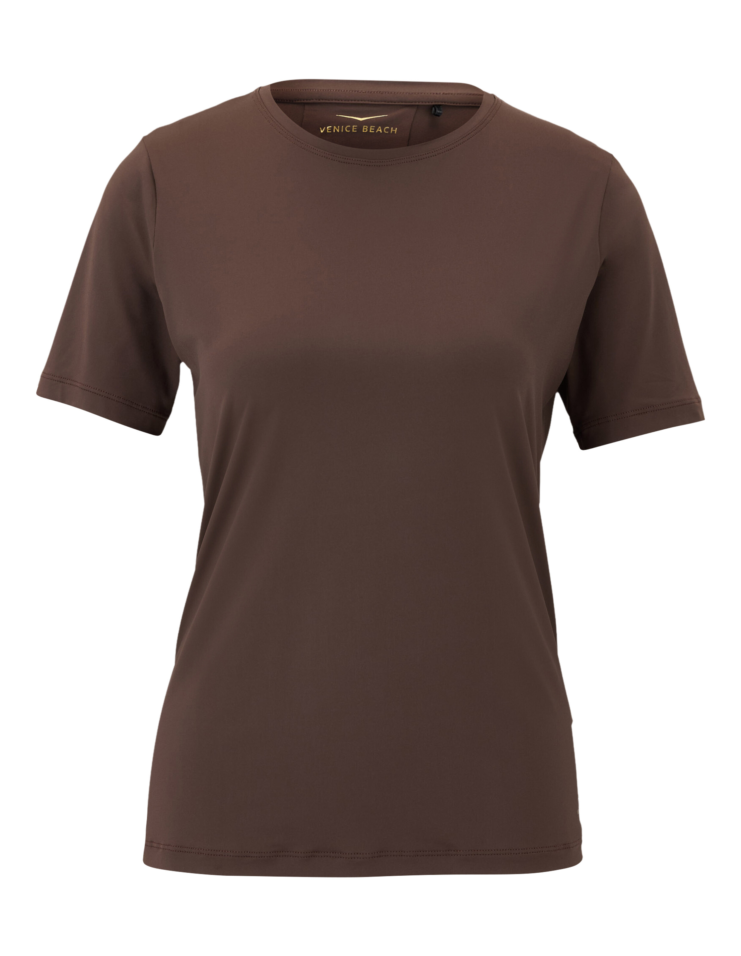 Braunes kurzärmeliges Freizeit-T-Shirt für Damen von Venice Beach auf weißem Hintergrund.
