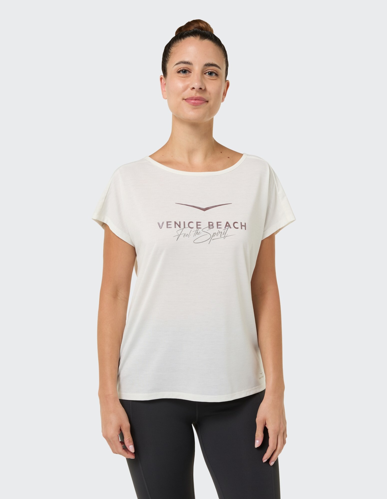Hellcremefarbenes T-Shirt mit „Venice Beach“-Grafik, perfekt für Freizeitkleidung.