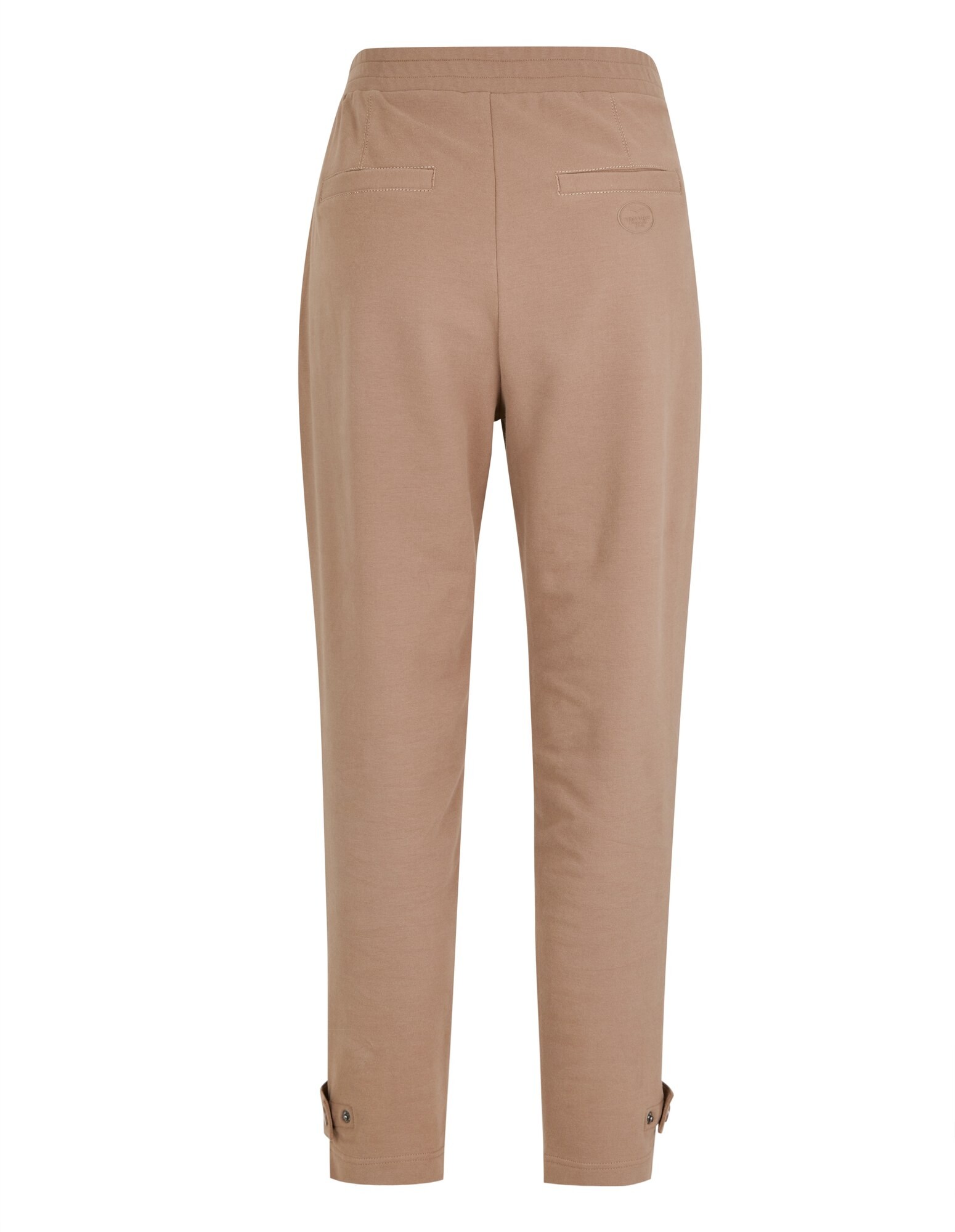 Hellbraune Freizeithose mit elastischem Bund und Knopfdetails an den Manschetten.