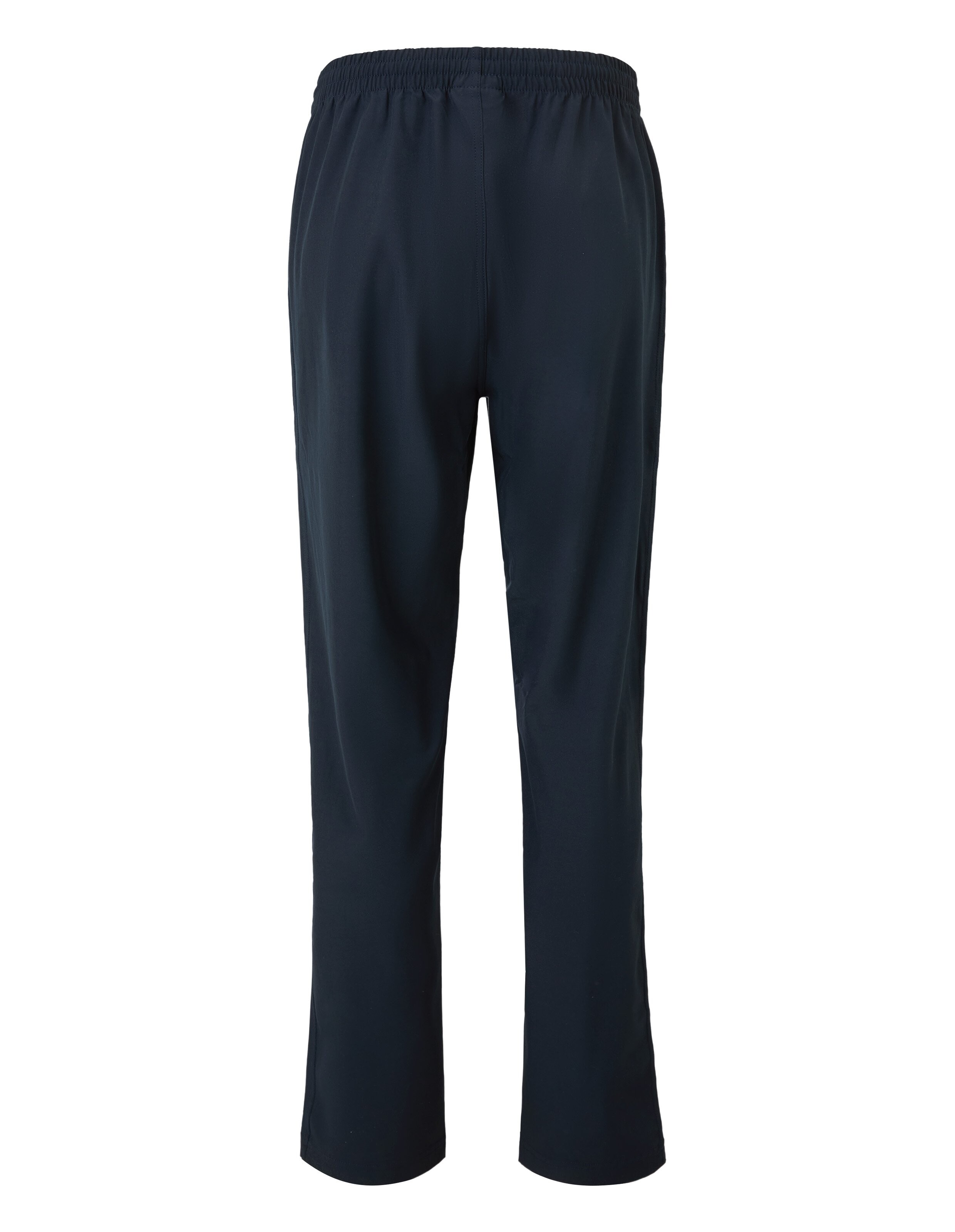 Dunkelblaue, locker sitzende Hose aus weichem Stoff mit elastischem Bund, knitterfrei und knöchellang, für einen lässigen Look.