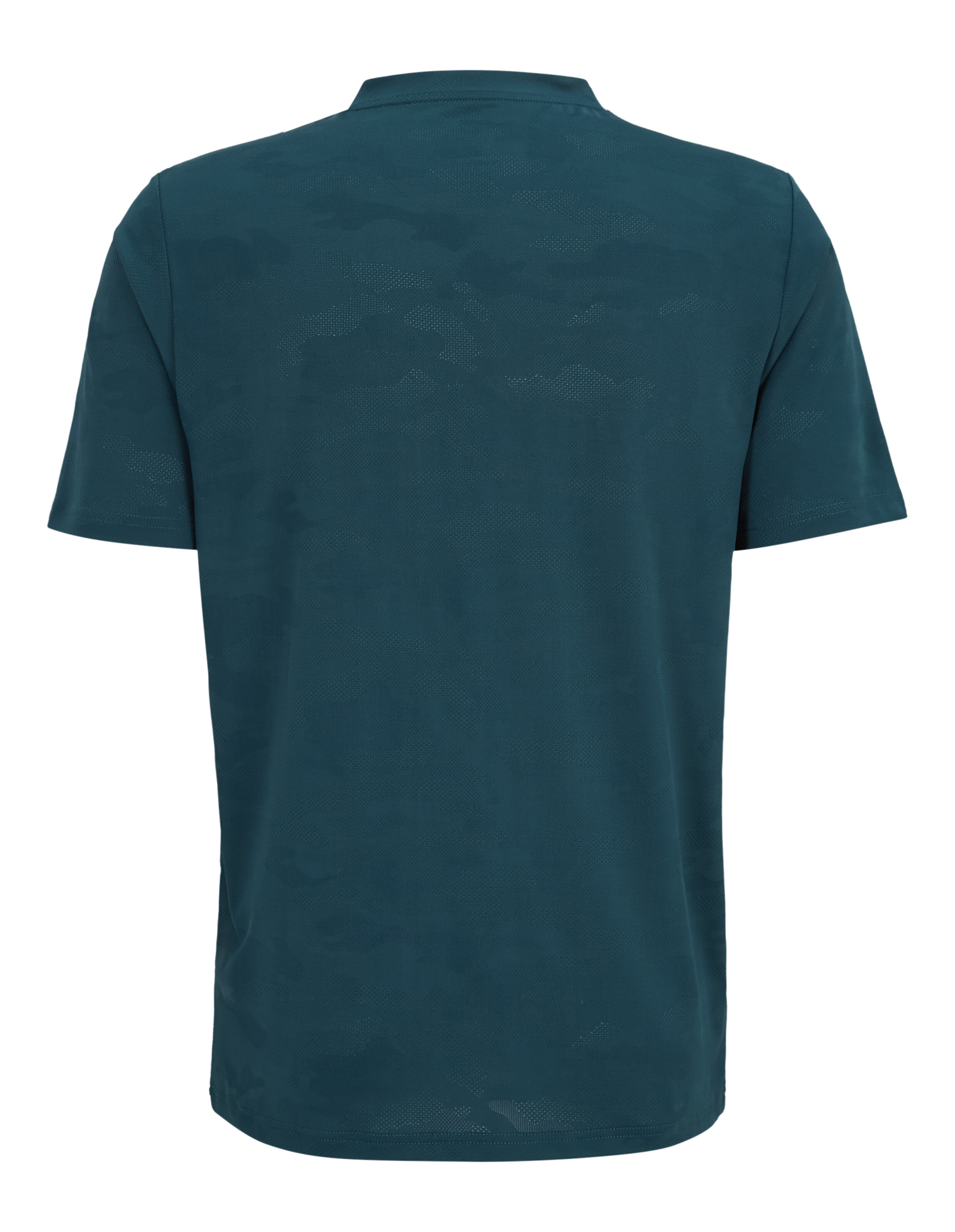 Rückansicht eines kurzärmeligen Freizeit-T-Shirts in Dunkelblaugrün mit dezentem Tarnmuster.
