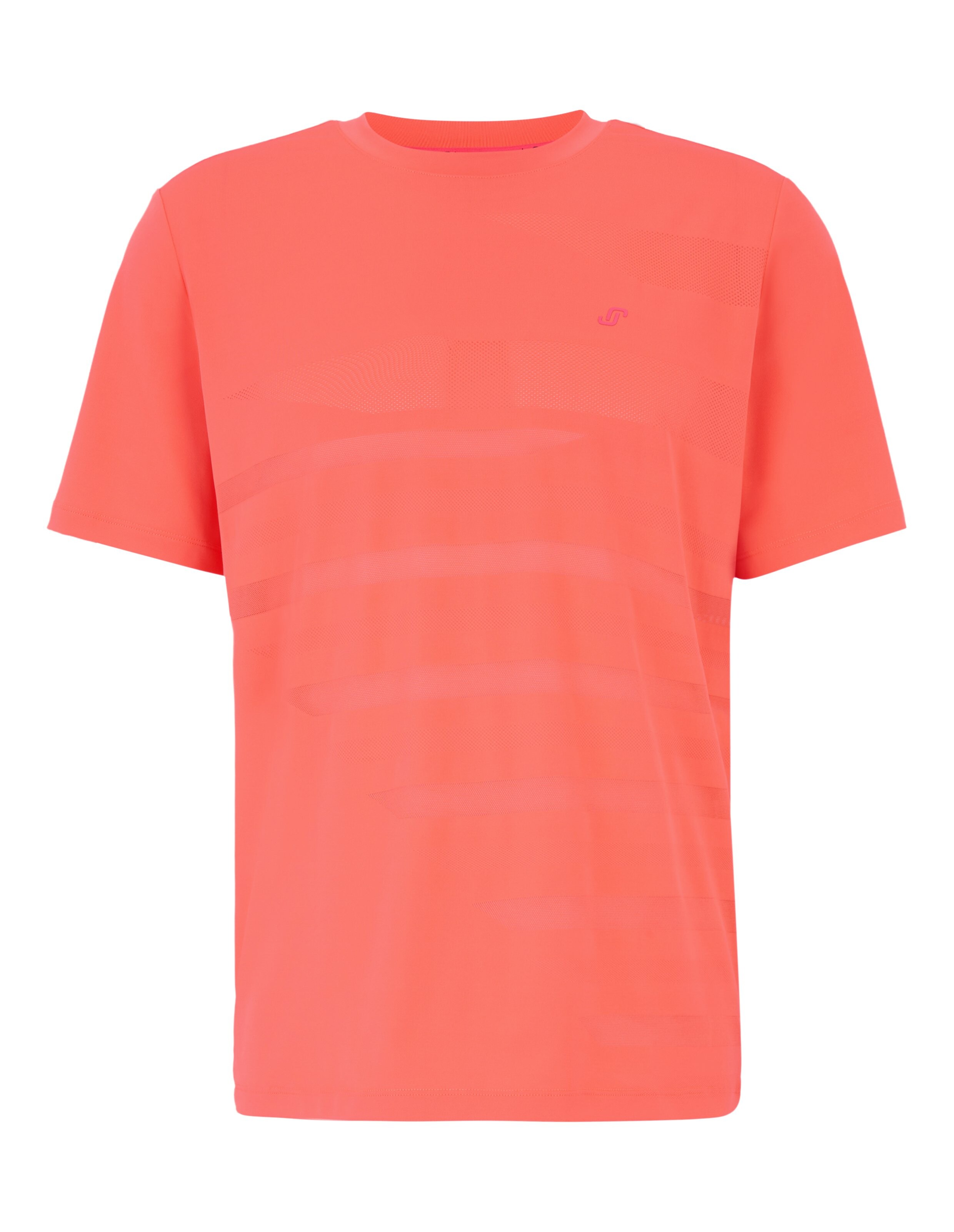 Ein leuchtend orangefarbenes T-Shirt mit kurzen Ärmeln und geometrischem Muster, ideal für sportliche Aktivitäten.