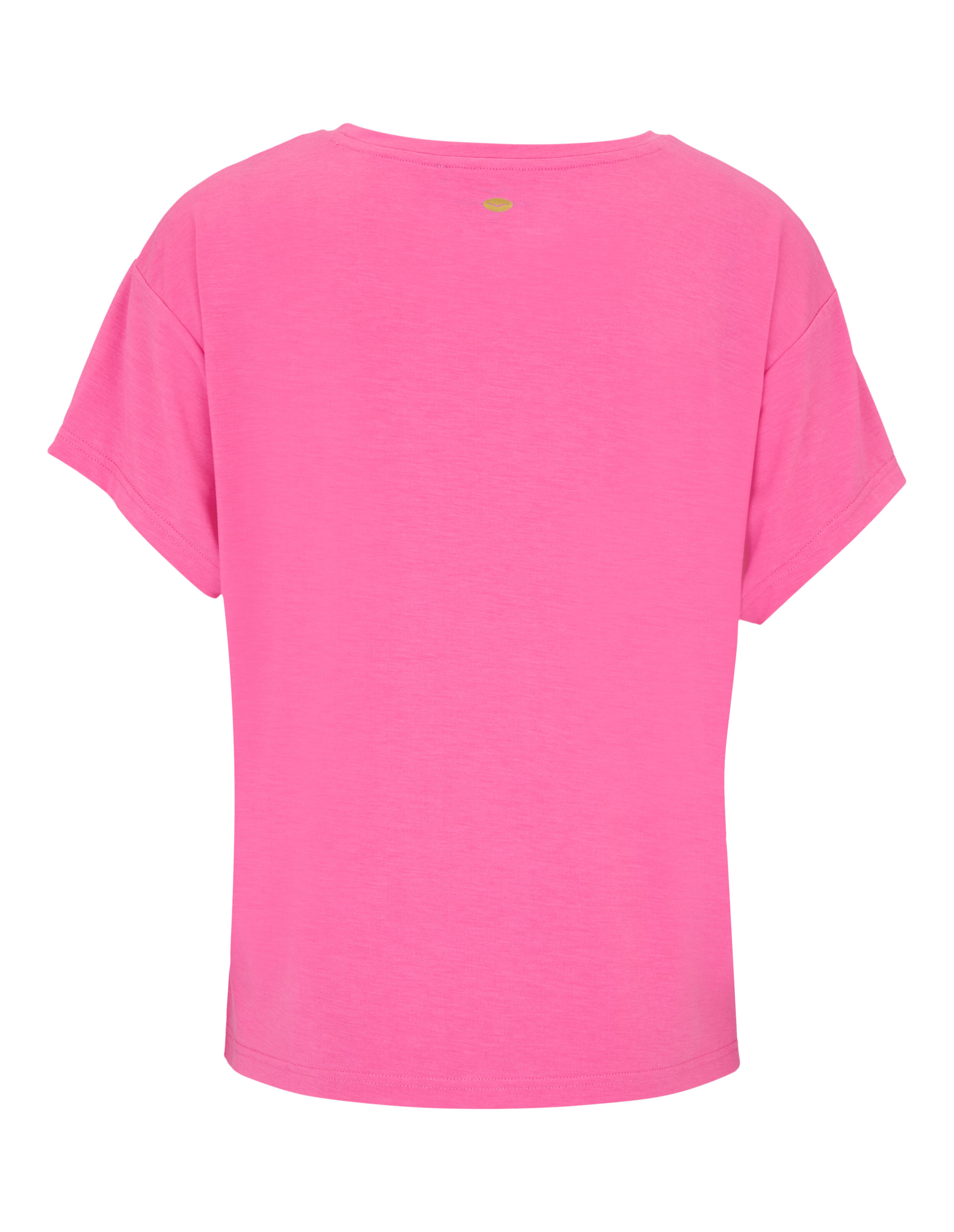 Rückansicht eines leuchtend rosa Freizeit-T-Shirts mit kurzen Ärmeln und einem kleinen goldenen Logo-Detail.