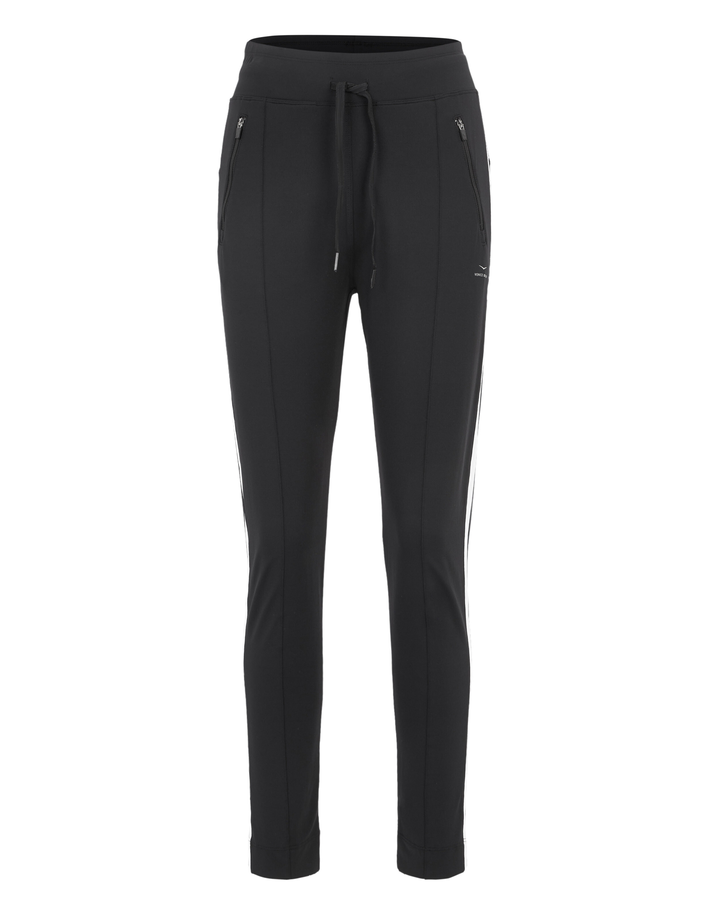 Schwarze ELBSAND lässige Lounge-Hose mit Seitenstreifen und Reißverschlusstaschen.