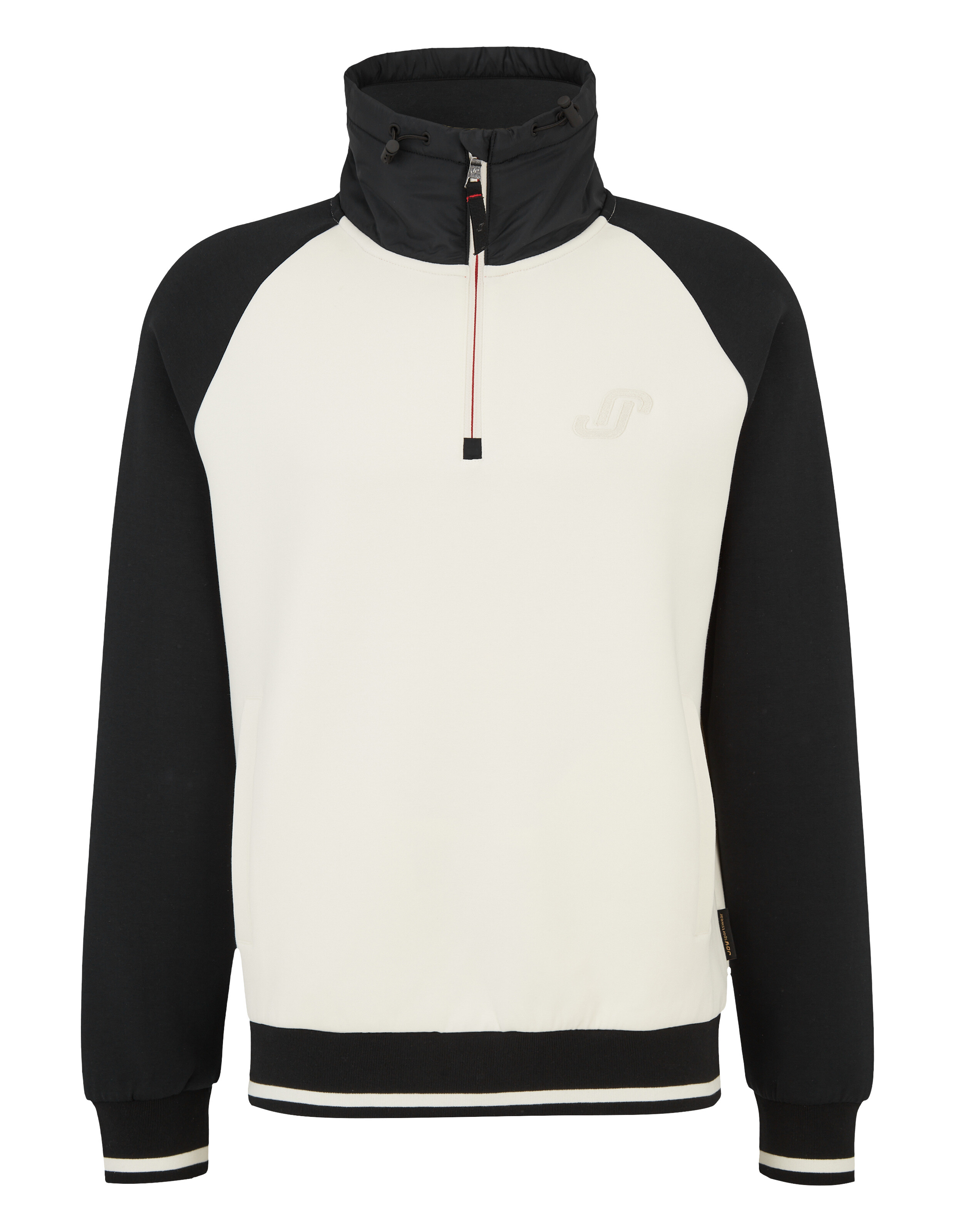 Lässiges ELBSAND-Sweatshirt mit Viertelreißverschluss in Creme und Schwarz und hohem Kragen.