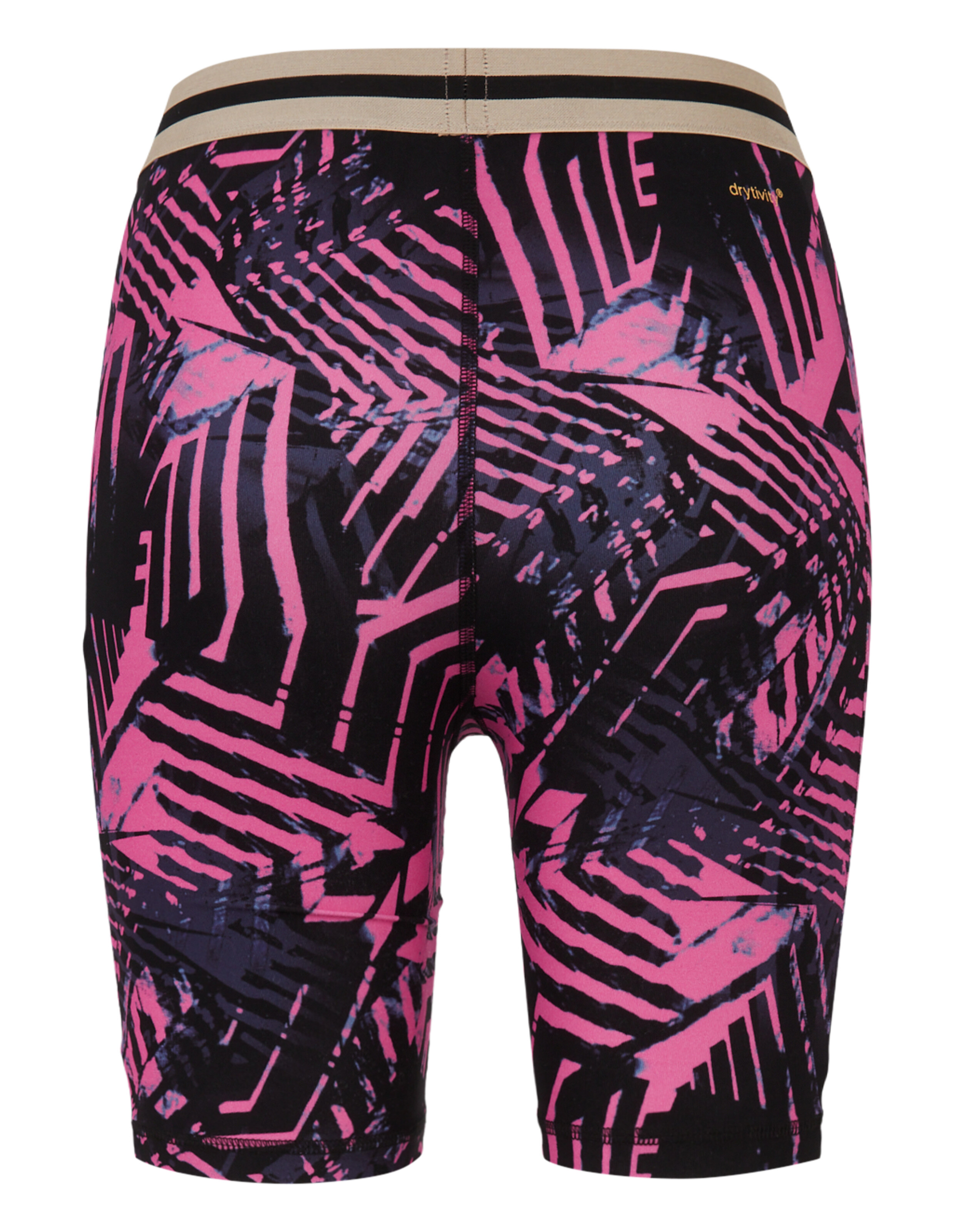 Rückansicht von leuchtend rosa und schwarz gemusterten Shorts für Freizeitkleidung.