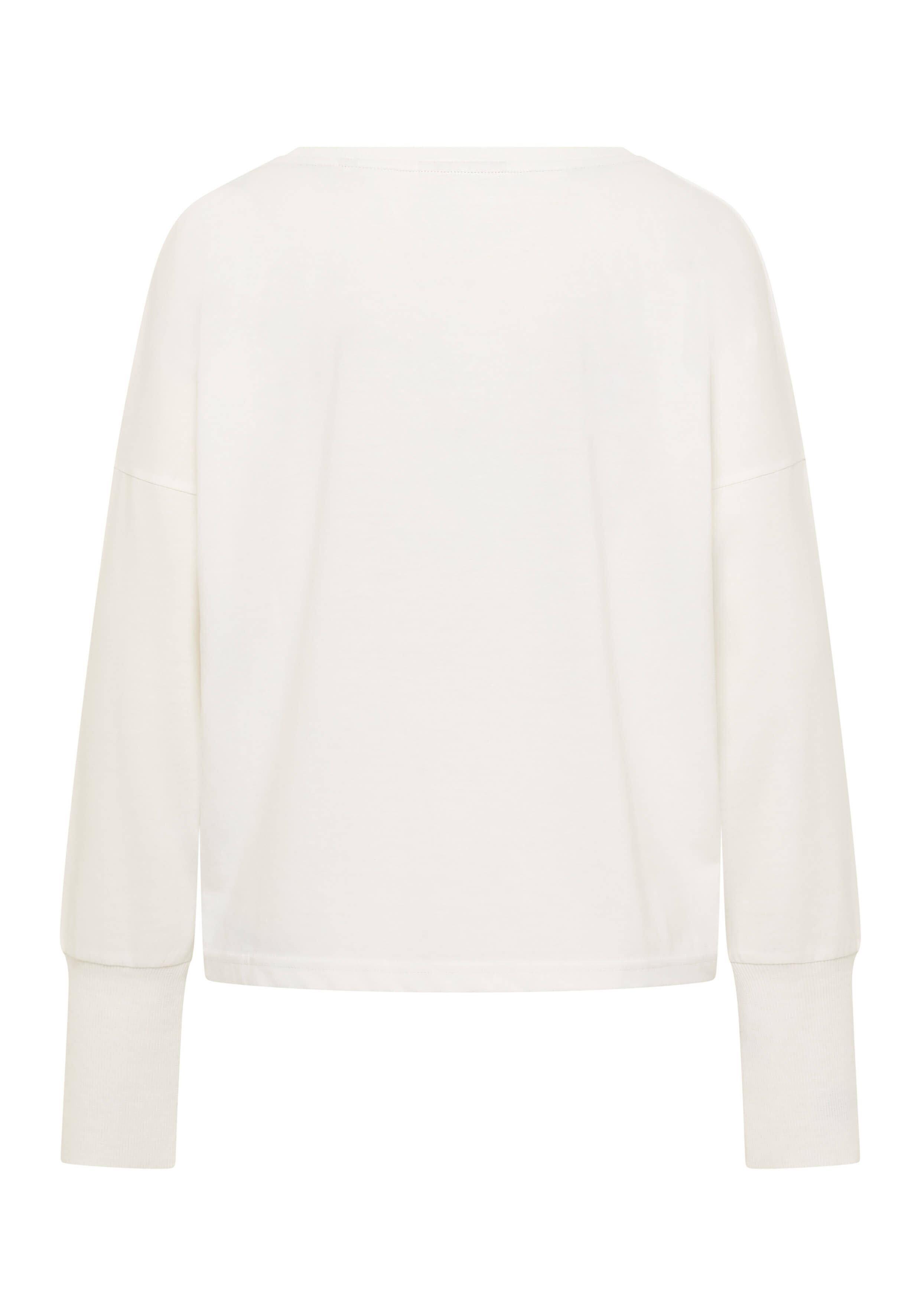 Rückansicht eines gemütlichen, cremefarbenen, langärmligen, lässigen Lounge-Pullovers.