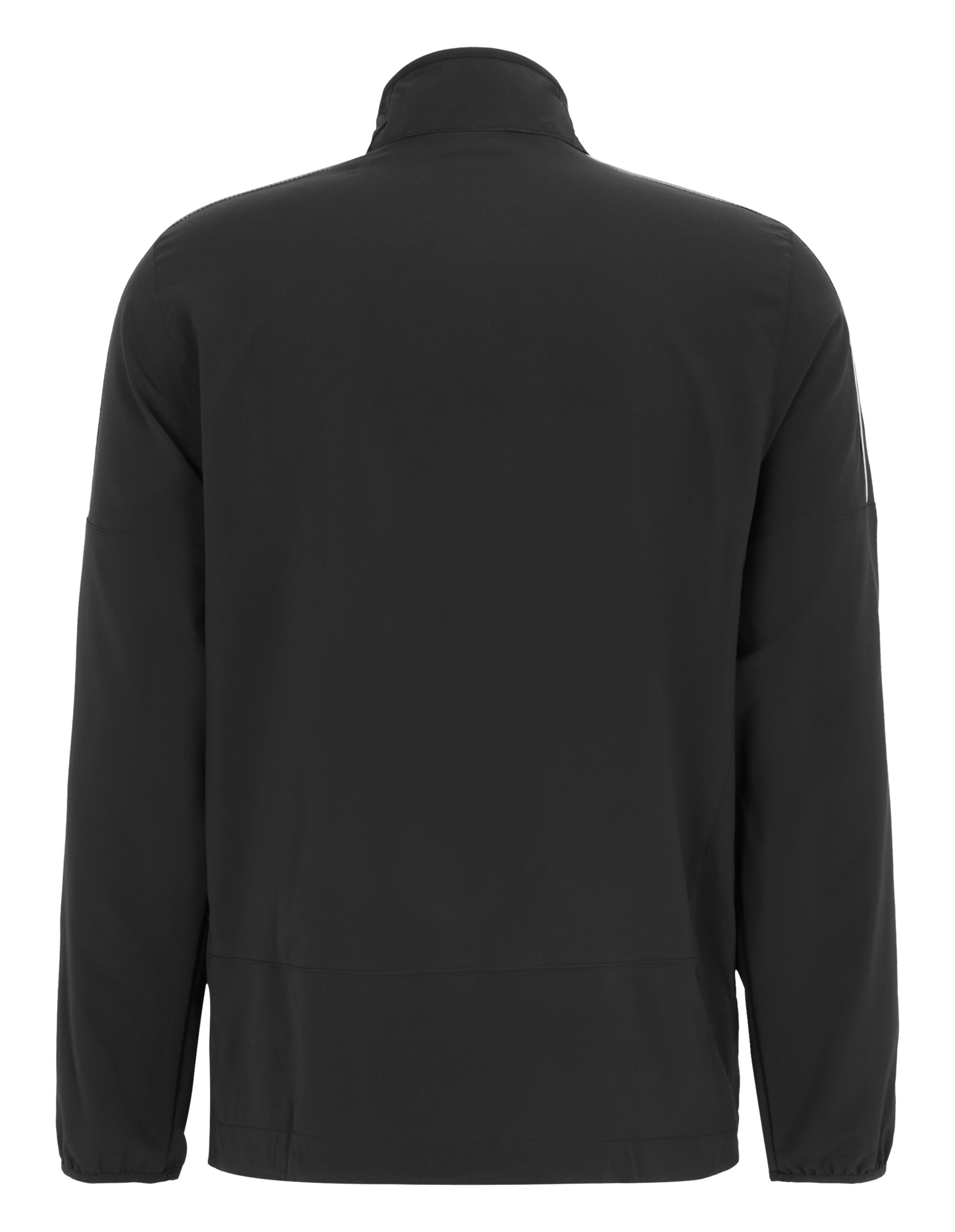 Eine schwarze Jacke mit weißem Reißverschluss und Paspeln, hohem Kragen und zwei Taschen mit Reißverschluss auf der Vorderseite.