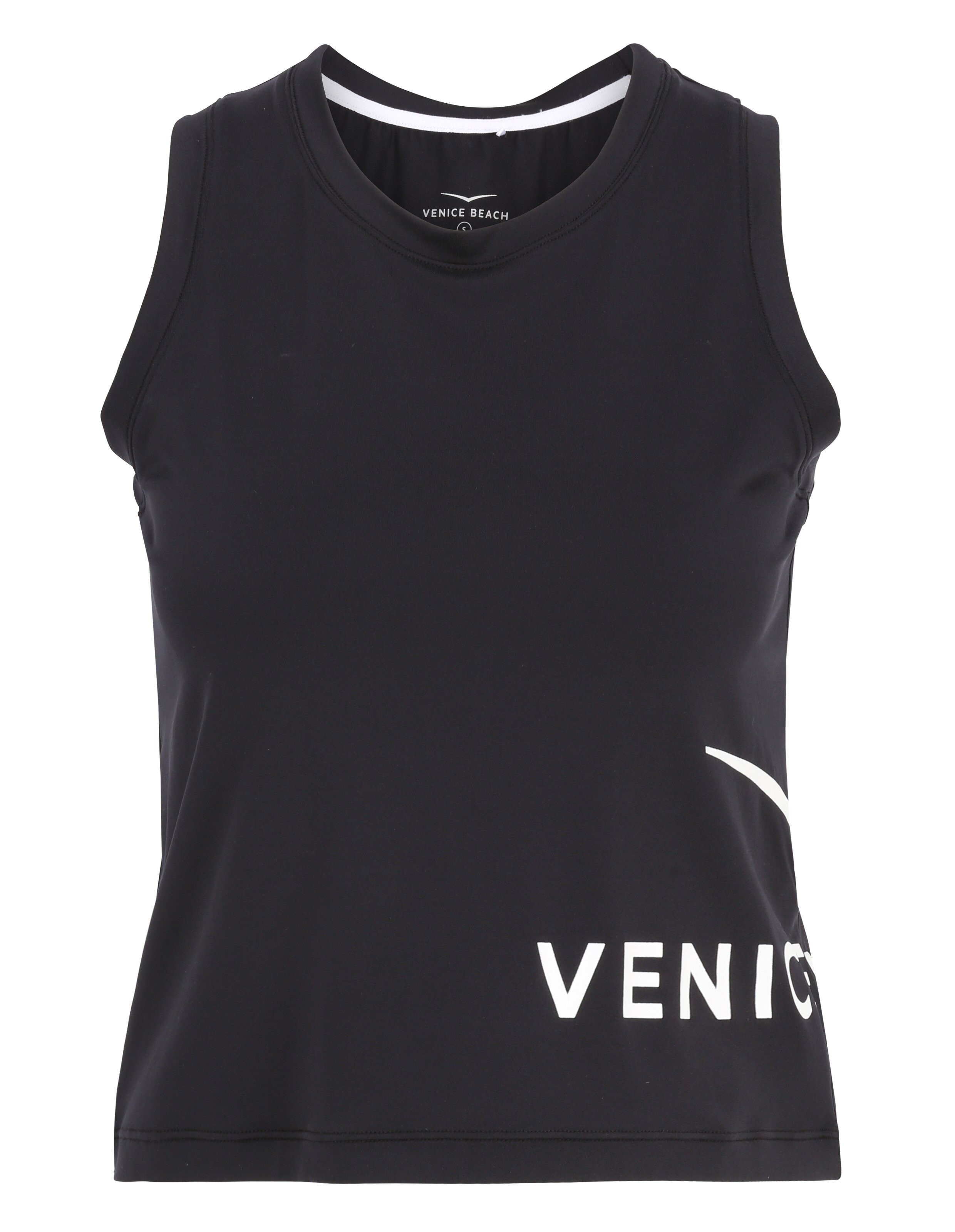 Schwarzes ärmelloses Tanktop mit weißem Logo-Print für lässige Sportkleidung.
