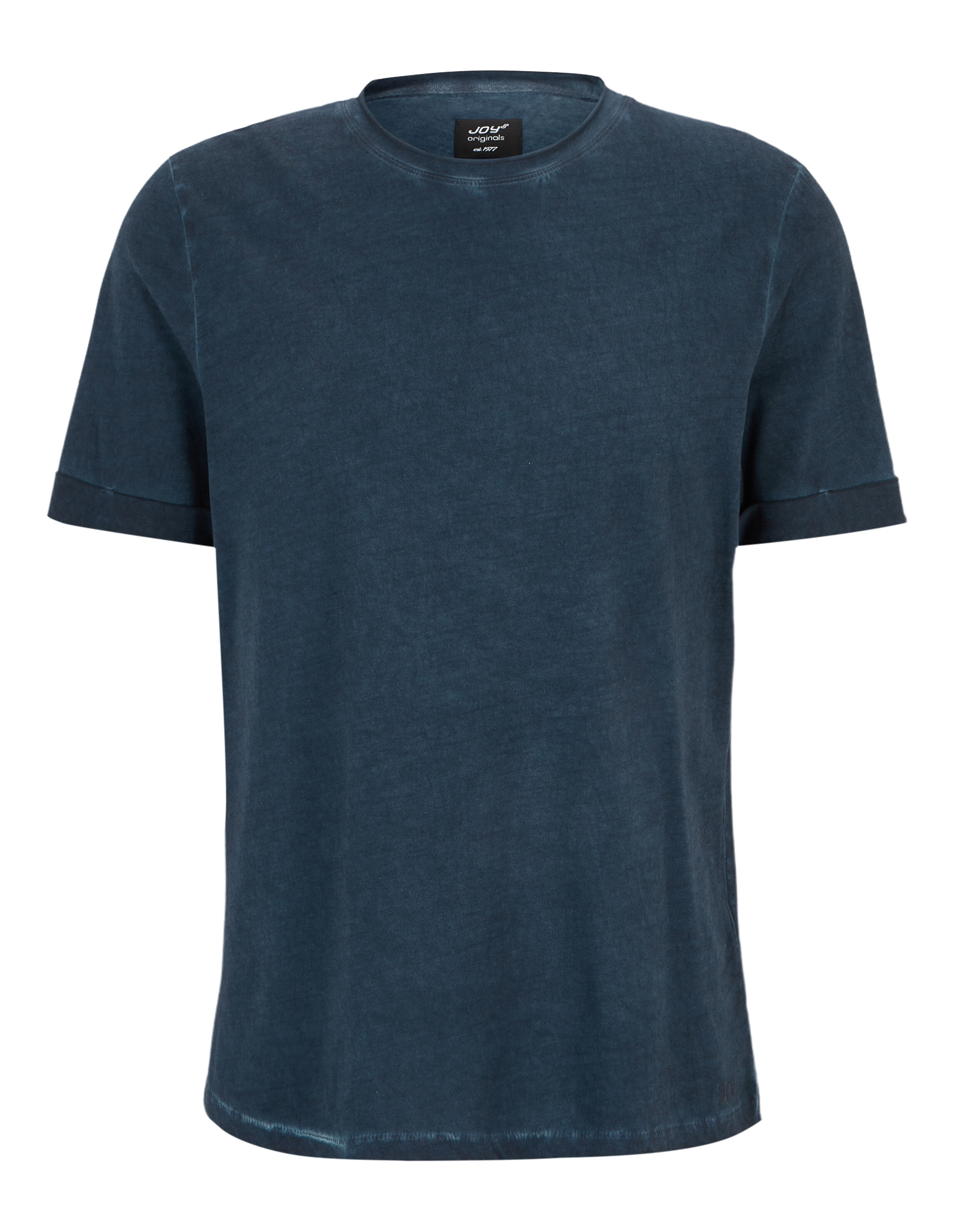 Ein schlichtes, dunkelblaues T-Shirt mit rundem Halsausschnitt und kurzen Ärmeln, ideal für einen lässigen Look.