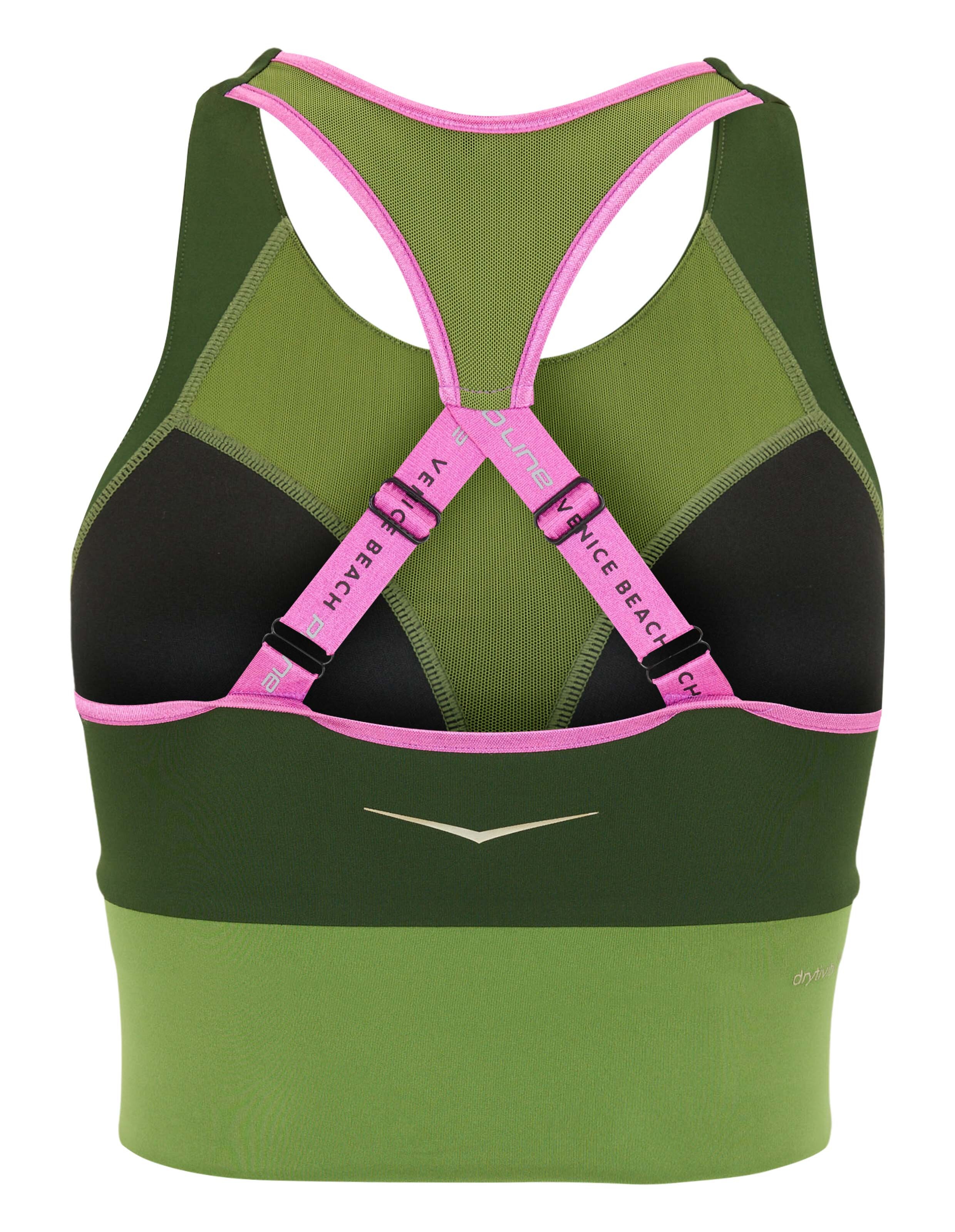 Stylischer grün-schwarzer Sport-BH mit rosa Trägern, perfekt für den aktiven Gebrauch.