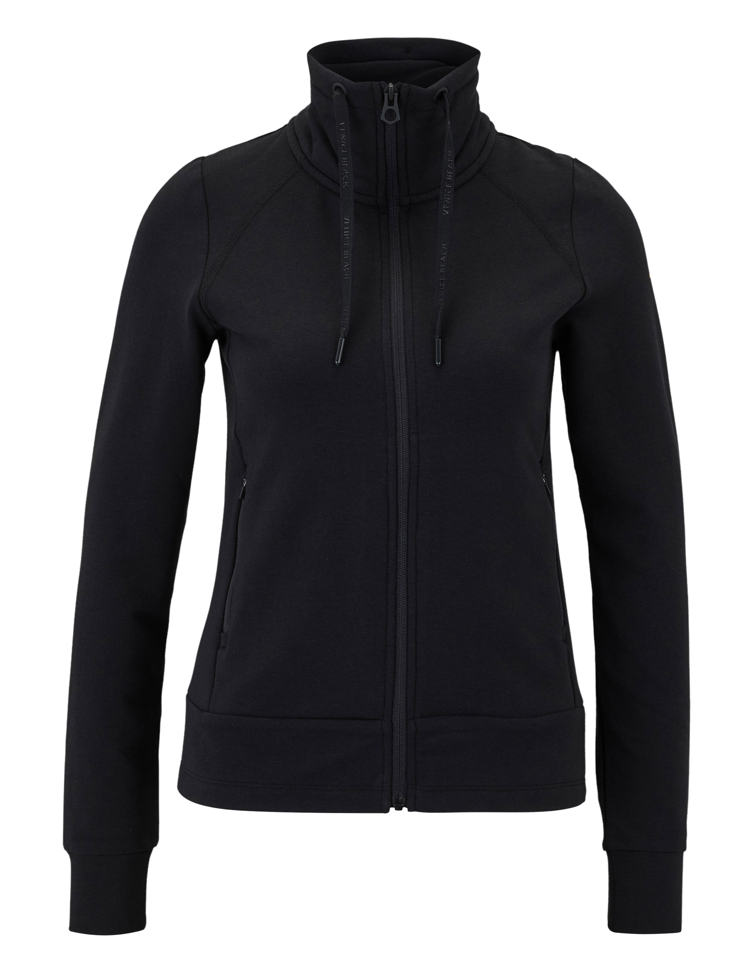 Schwarzes Sweatshirt mit Reißverschluss, hohem Kragen und Kordelzug für gemütliche Freizeitkleidung.