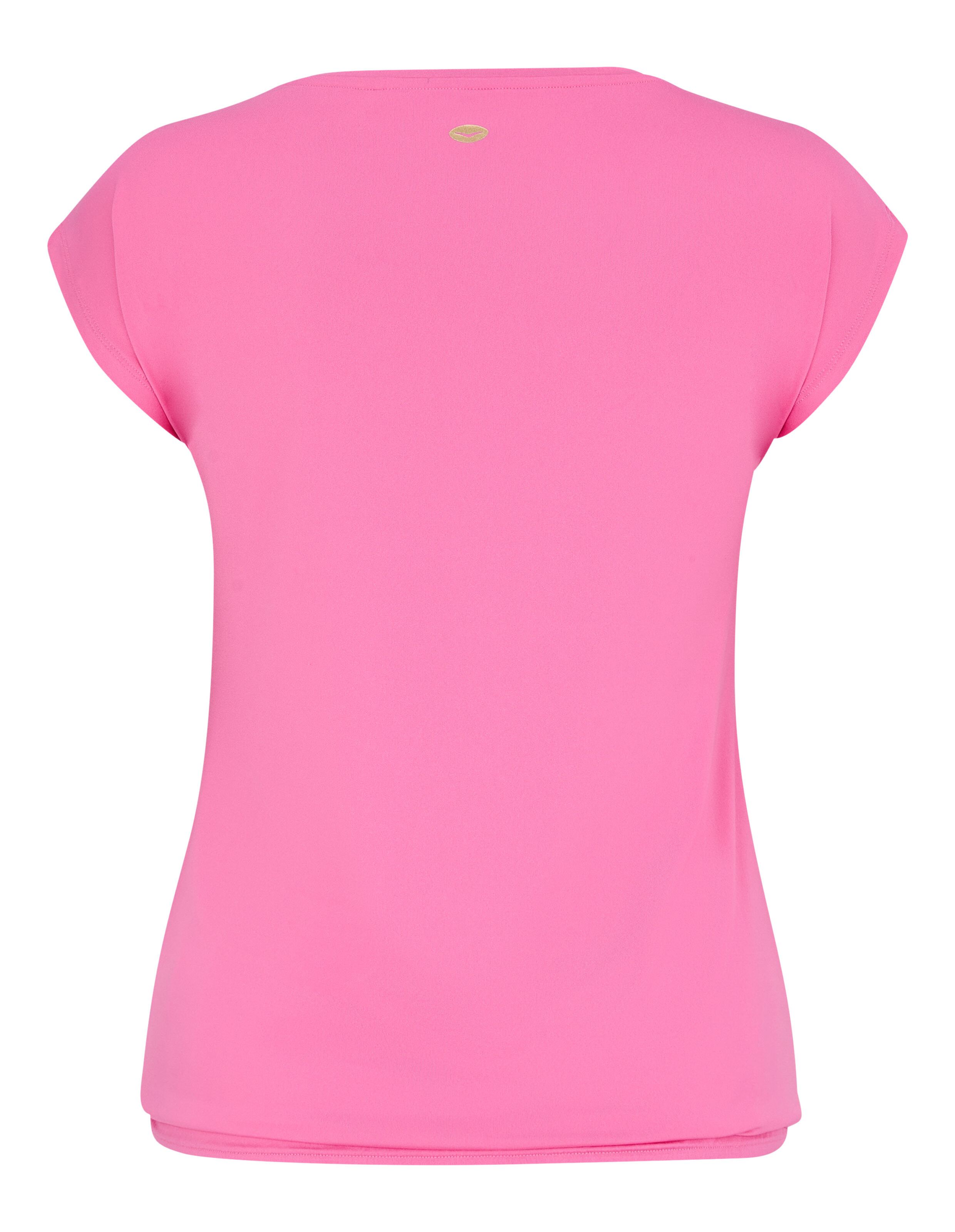 Rückansicht eines leuchtend rosa Freizeit-T-Shirts mit kurzen Ärmeln und einem kleinen goldenen Logo-Detail.