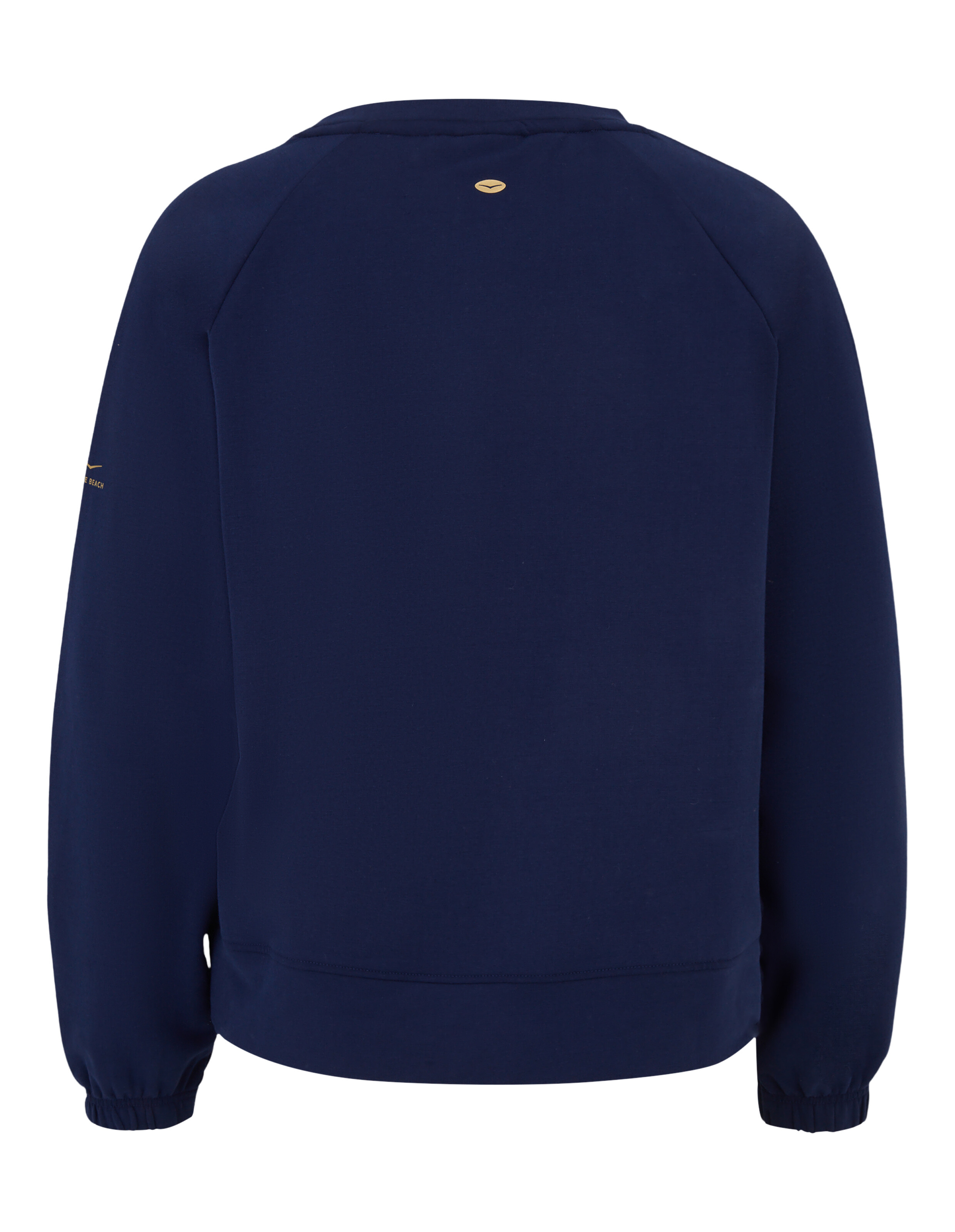 Rückansicht eines marineblauen ELBSAND-Freizeit-Sweatshirts mit langen Ärmeln und goldenem Logo-Detail.