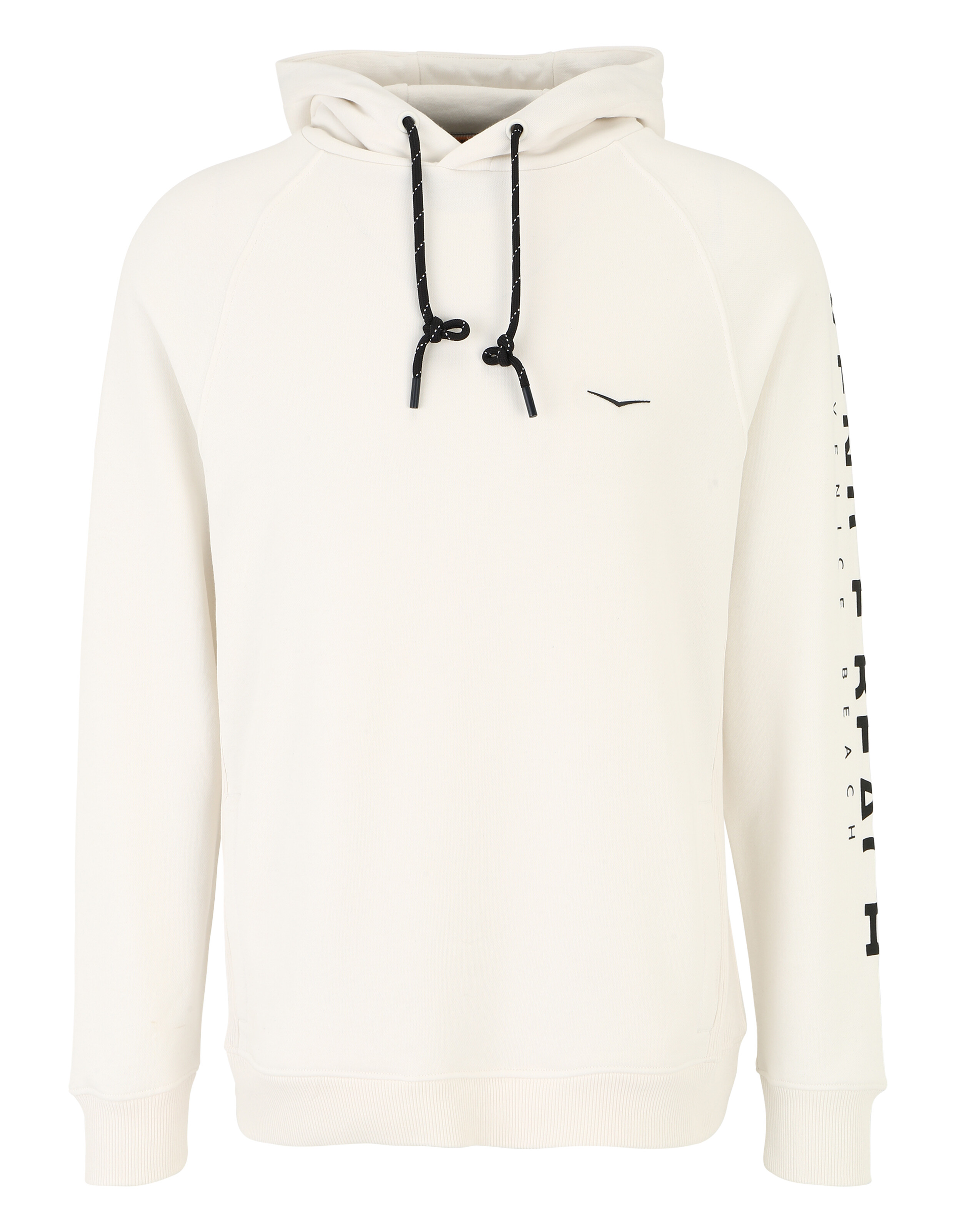 Lässiger Kapuzenpullover in gebrochenem Weiß mit schwarzen Kordeln und Schriftzug am Ärmel für gemütliche Loungewear.