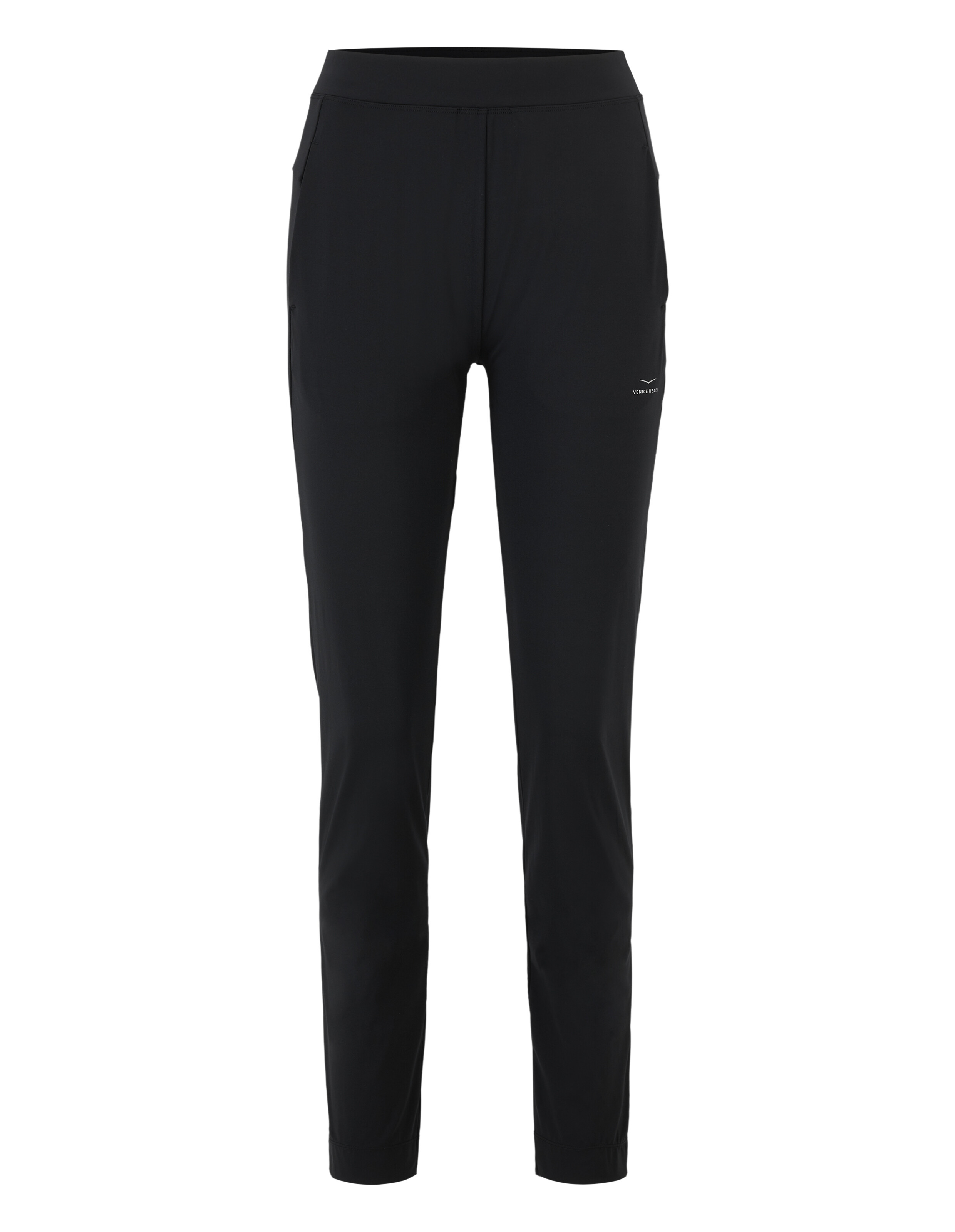 Schwarze, lässige Jogginghose mit bequemer Passform zum Faulenzen oder Reisen.
