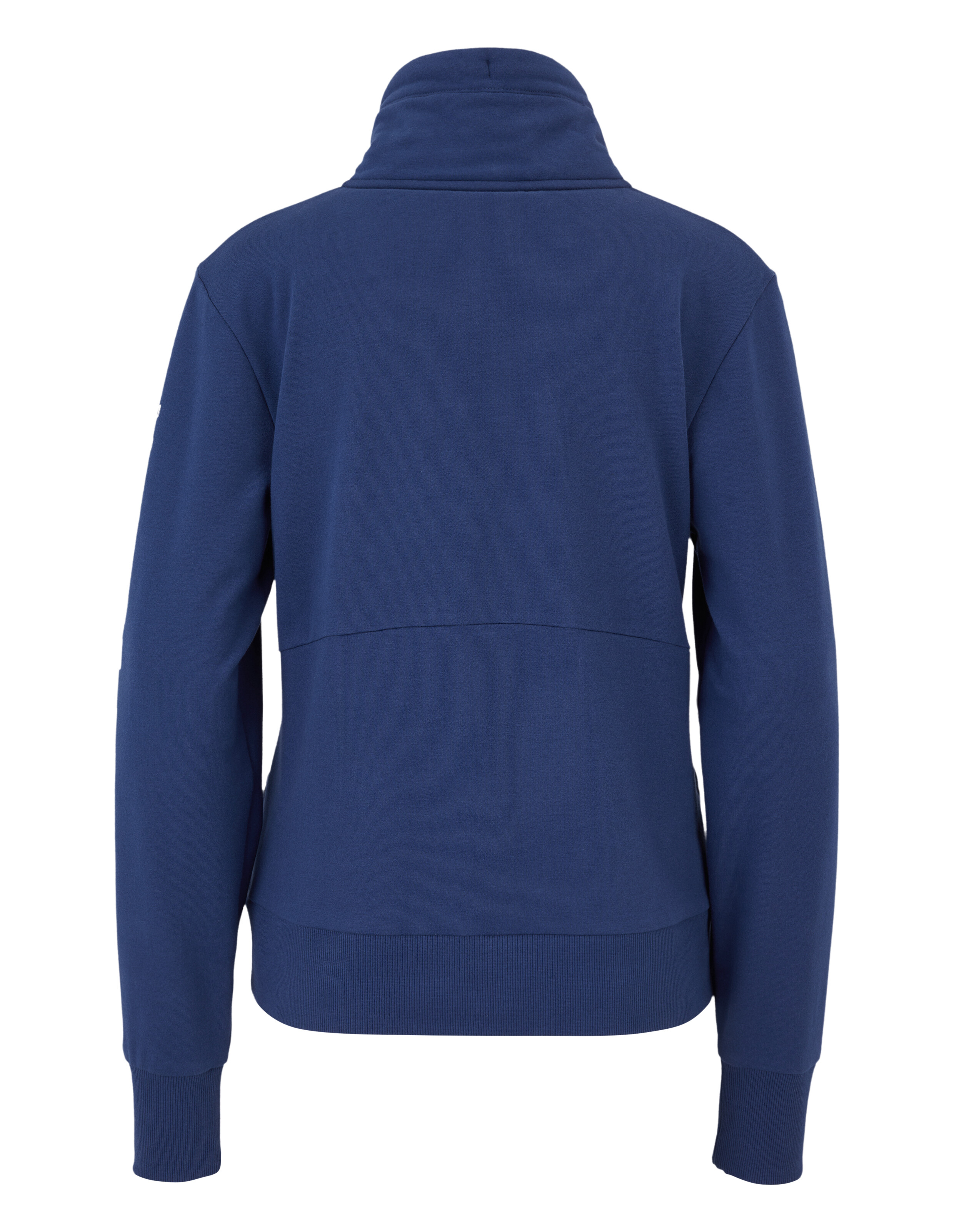 Rückansicht eines marineblauen Freizeitpullovers mit hohem Kragen und gerippten Bündchen.