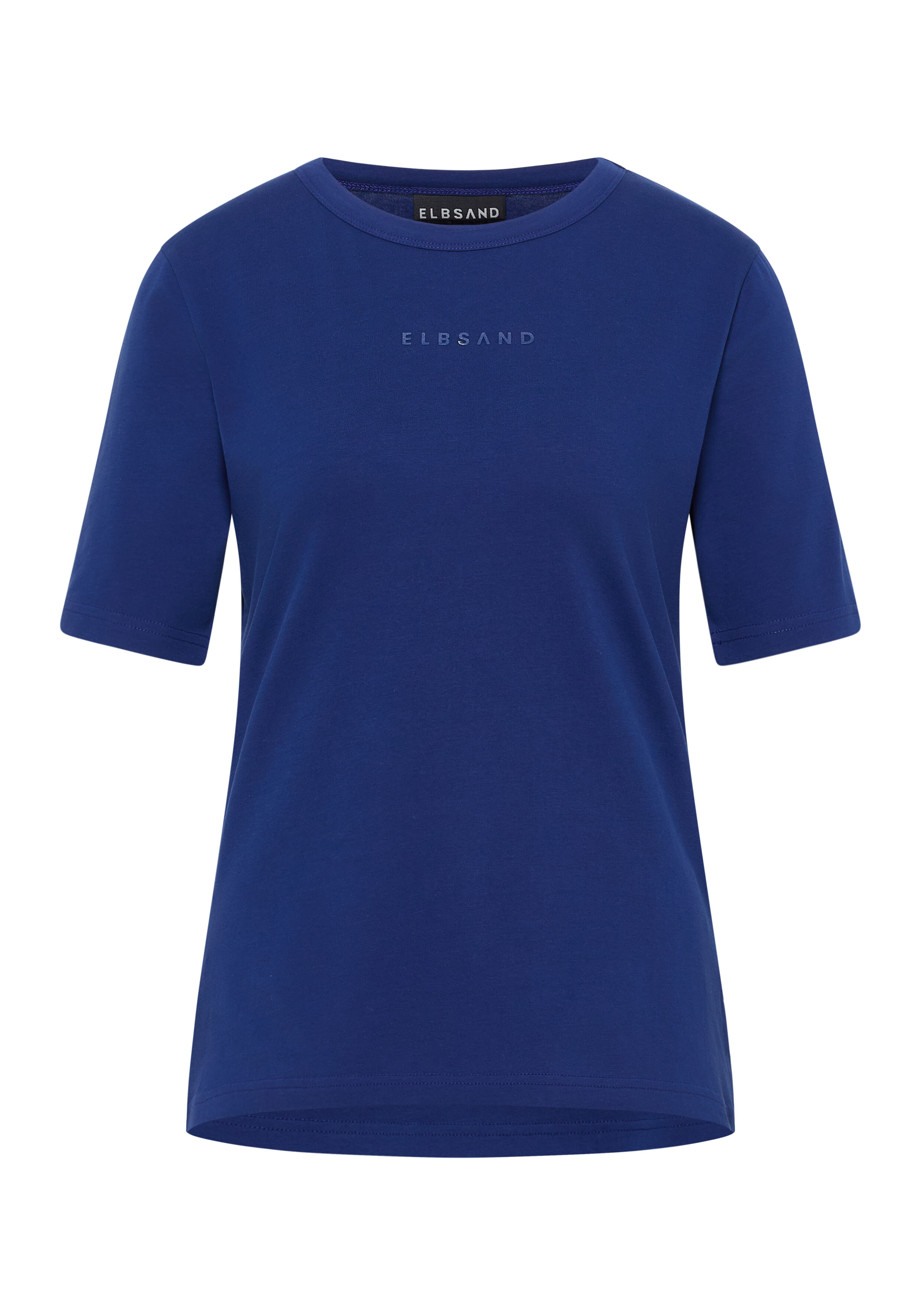 Blaues ELBSAND Freizeit-T-Shirt mit kurzen Ärmeln und dezenter Logo-Stickerei.