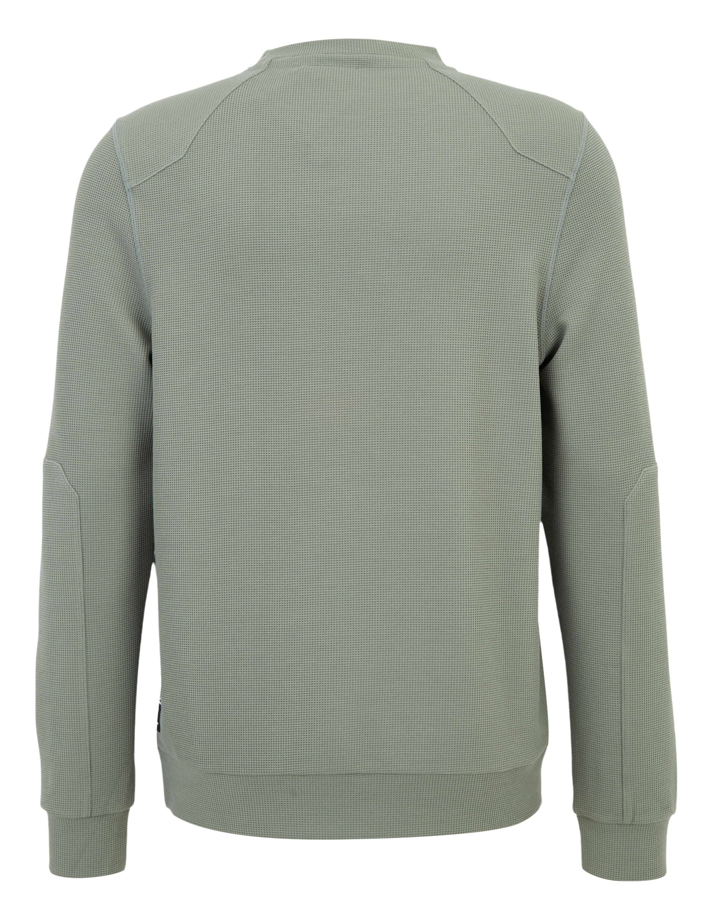 Grauer Pullover mit Rundhalsausschnitt und langen Ärmeln, gefertigt aus strukturiertem Stoff mit dezentem, geometrischem Muster.