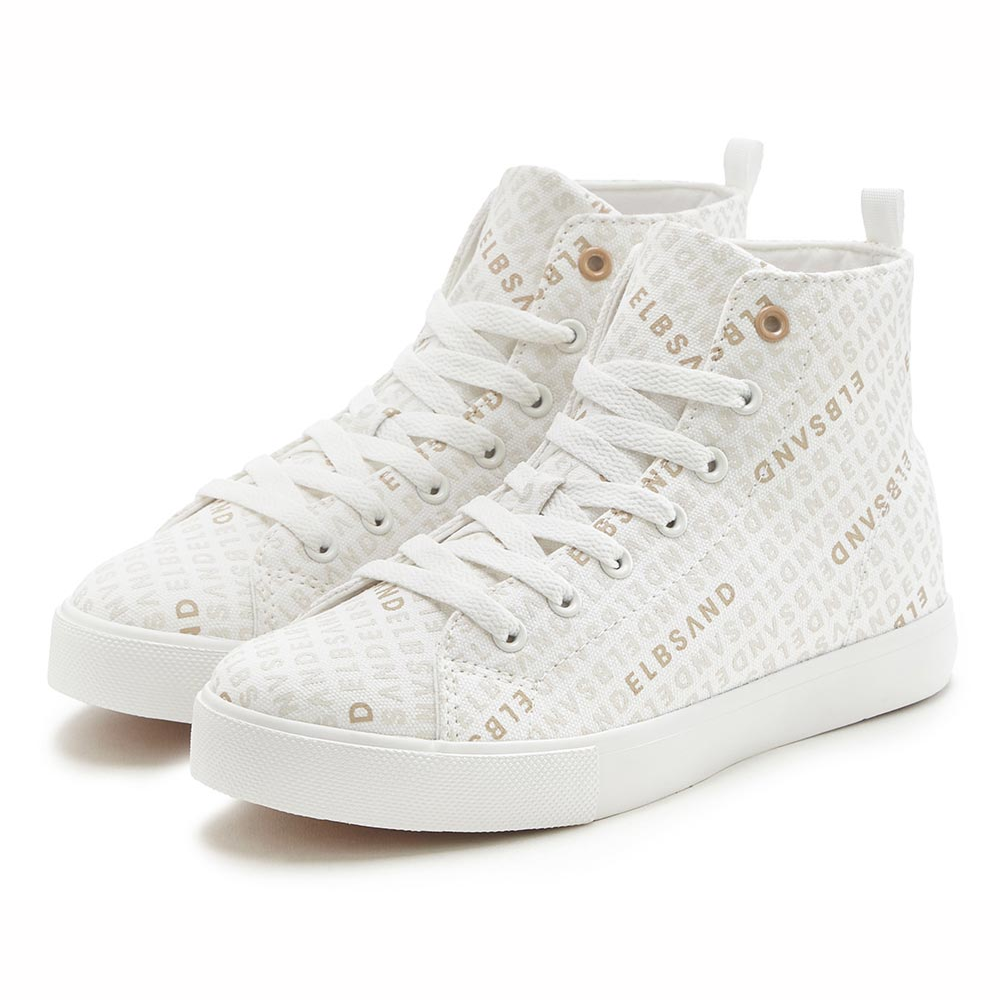 Weiße High-Top-Sneaker mit ELBSAND-Logomuster, perfekt für den Freizeitgebrauch.