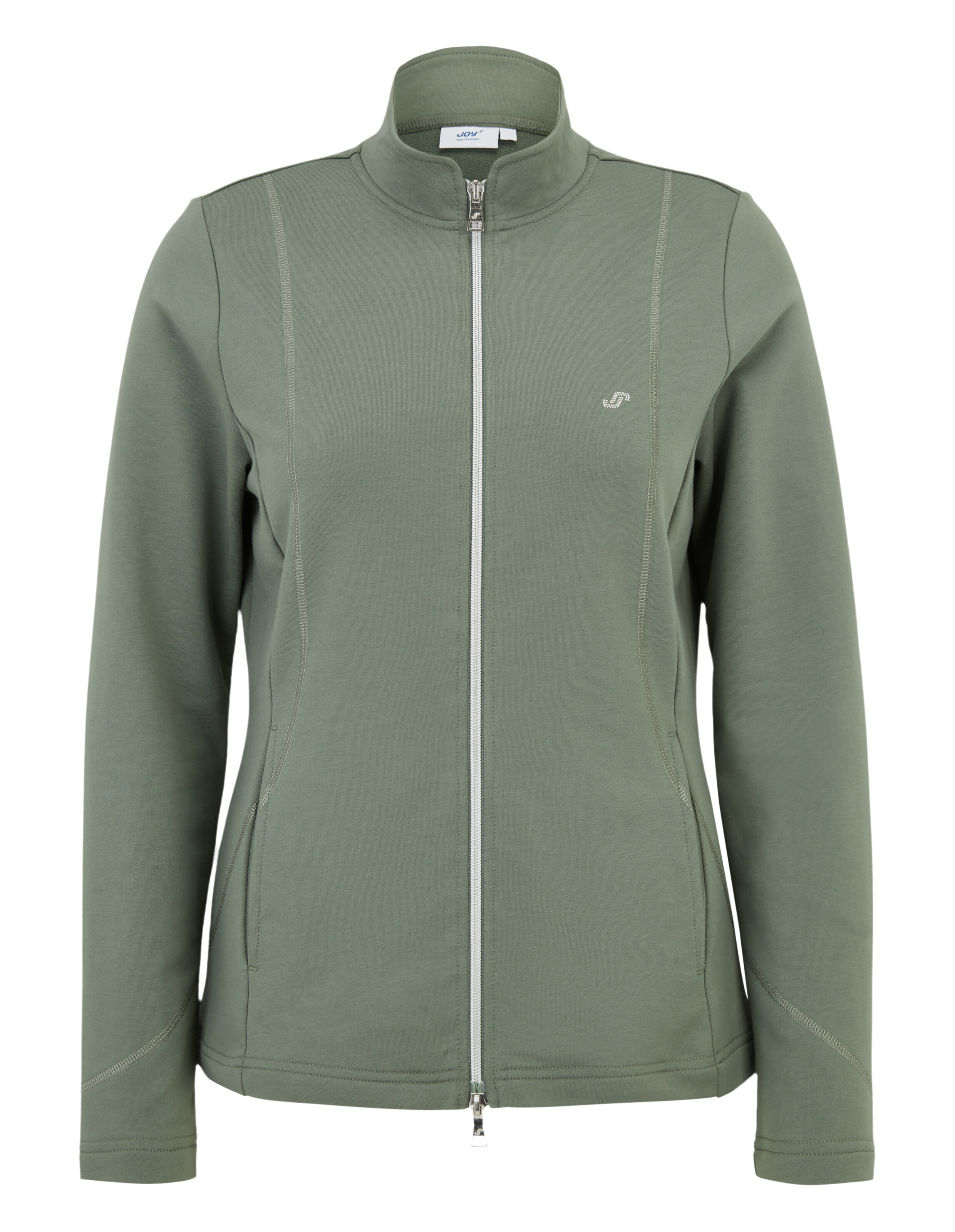 Dunkelgrüne Damenjacke mit Reißverschluss und Stehkragen, dezentem Logo auf der Brust und zwei seitlichen Nähten als Design-Elemente.
