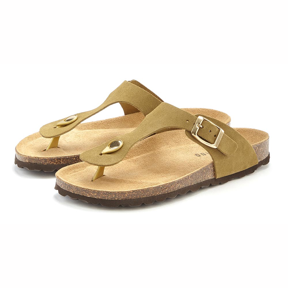 Stilvolle olivgrüne Zehenstegsandalen mit Schnalle und Korksohle für Freizeitkleidung.