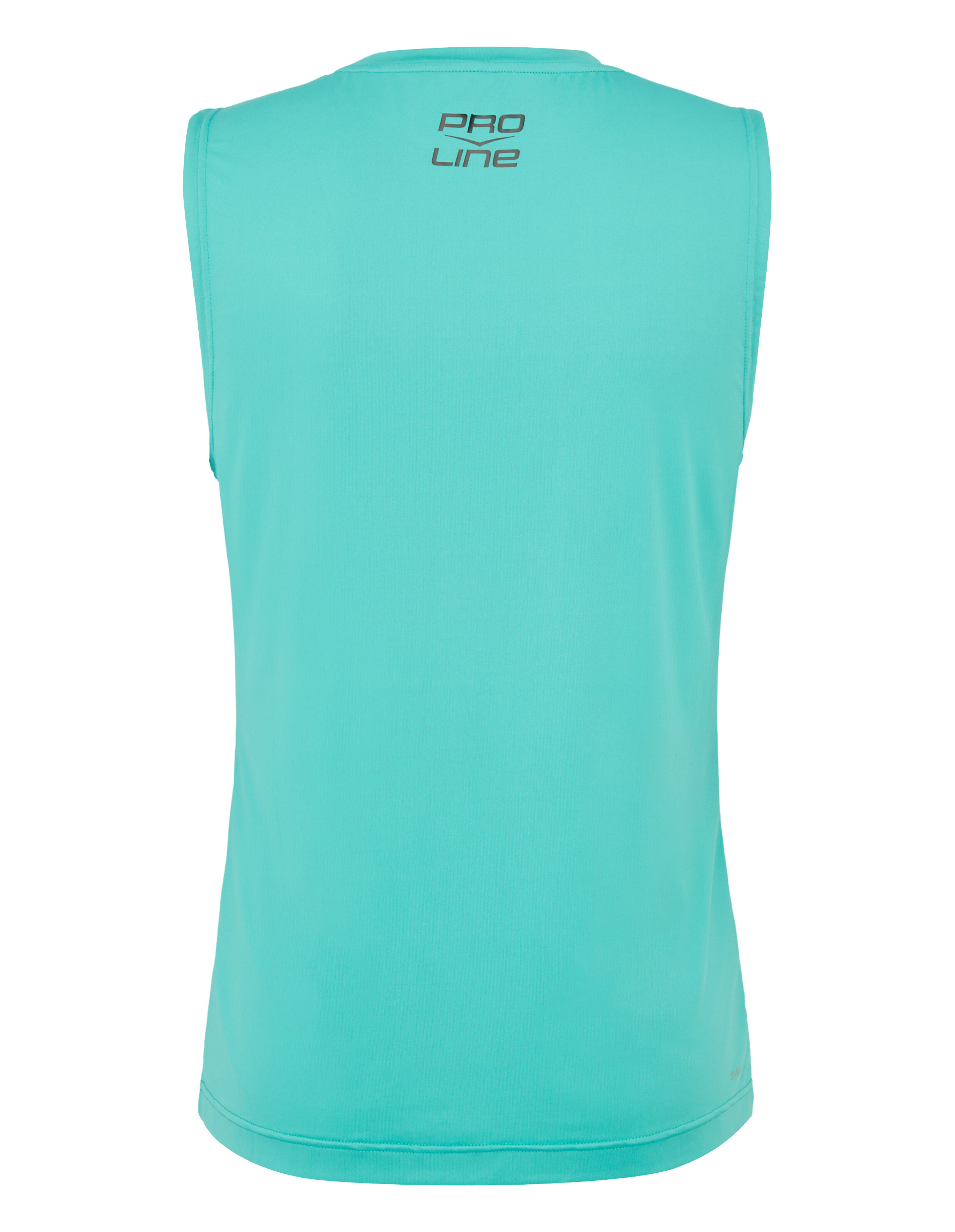 Rückansicht eines ärmellosen türkisfarbenen Sporttops von PRO Line.