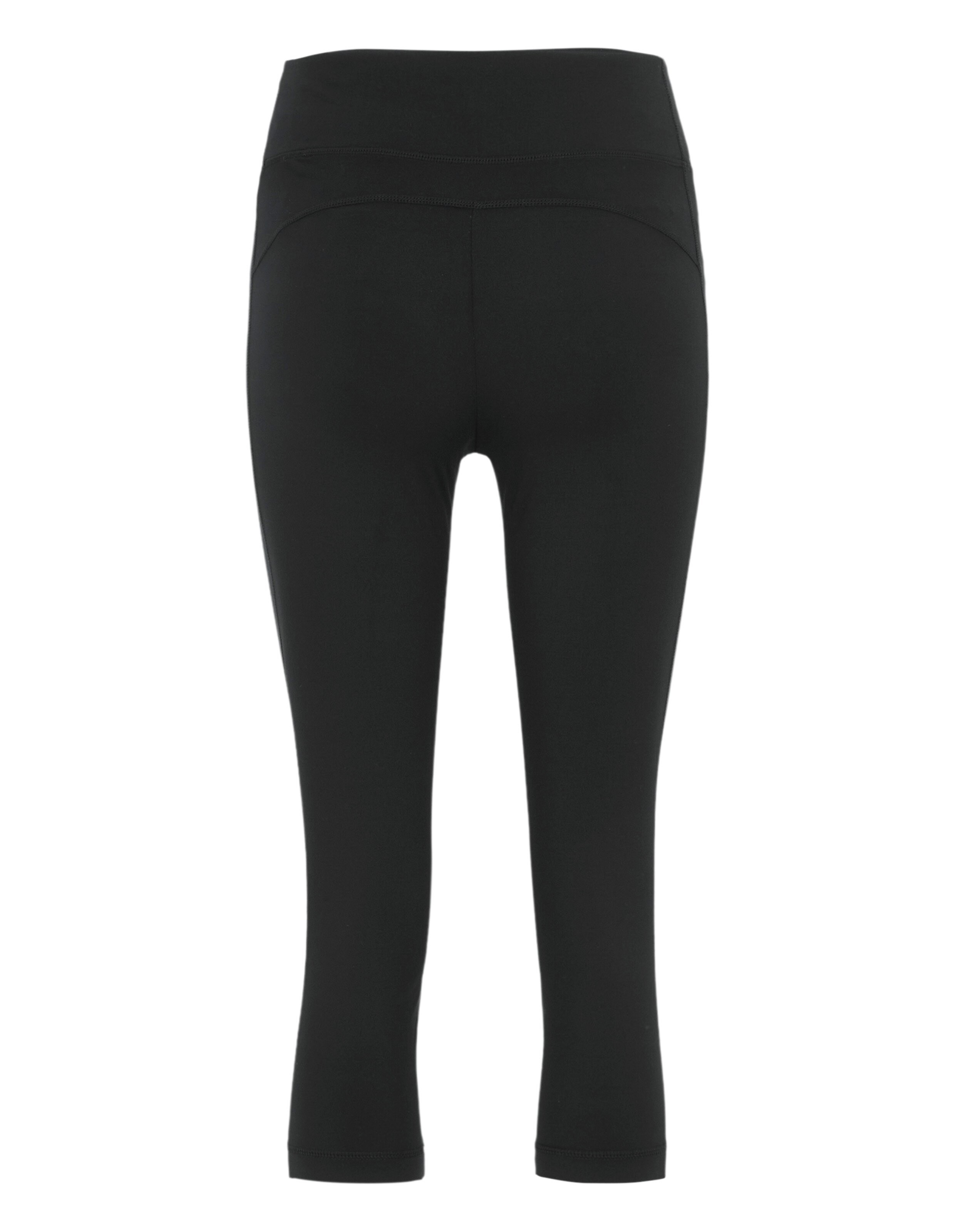 Schwarze Capri-Leggings mit hohem Bund und nahtlosem Design, das bis unter die Knie reicht, frontal von hinten abgebildet.