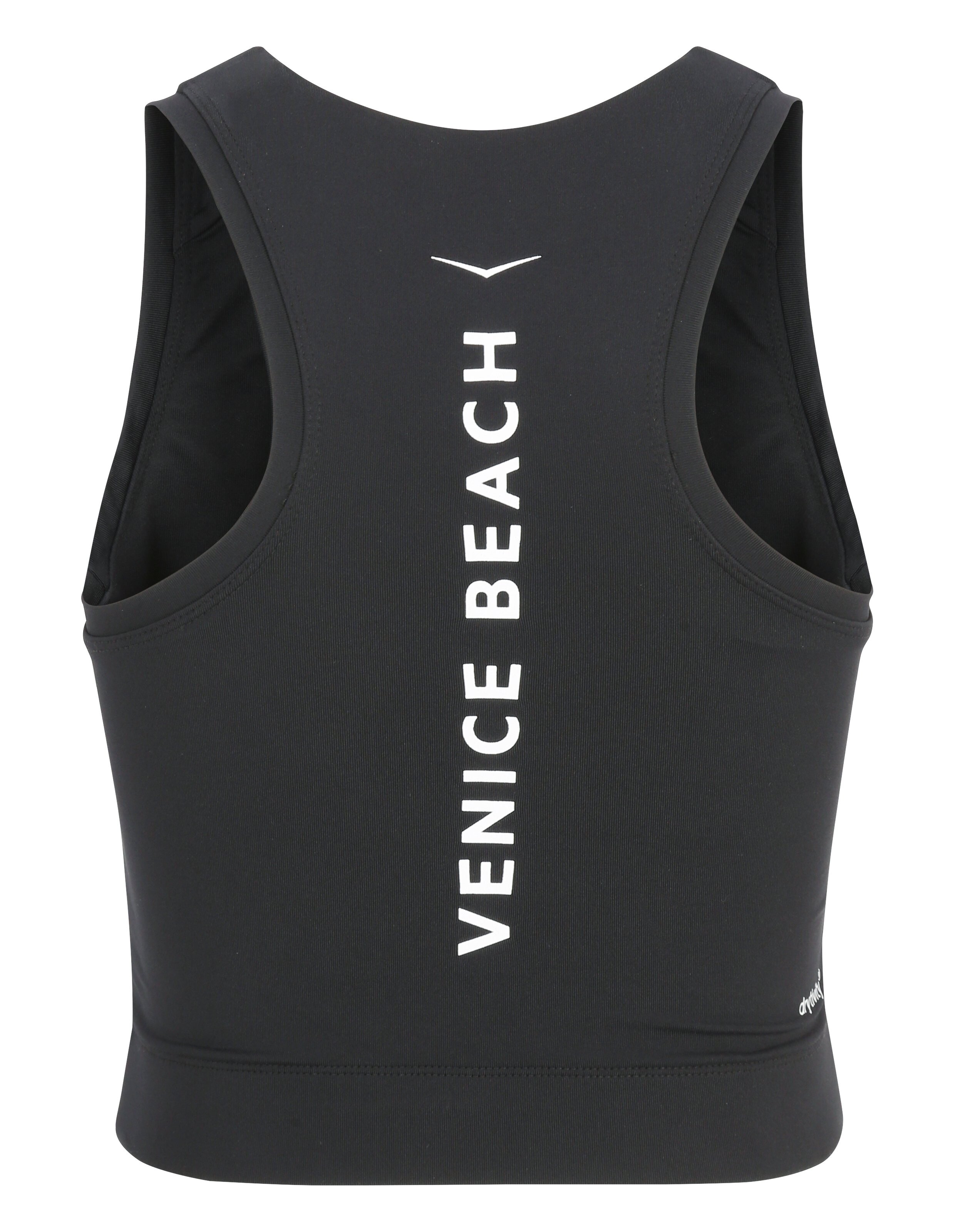 Schwarzes, sportliches Crop-Top mit „VENICE BEACH“-Aufdruck, ideal für Freizeitkleidung.