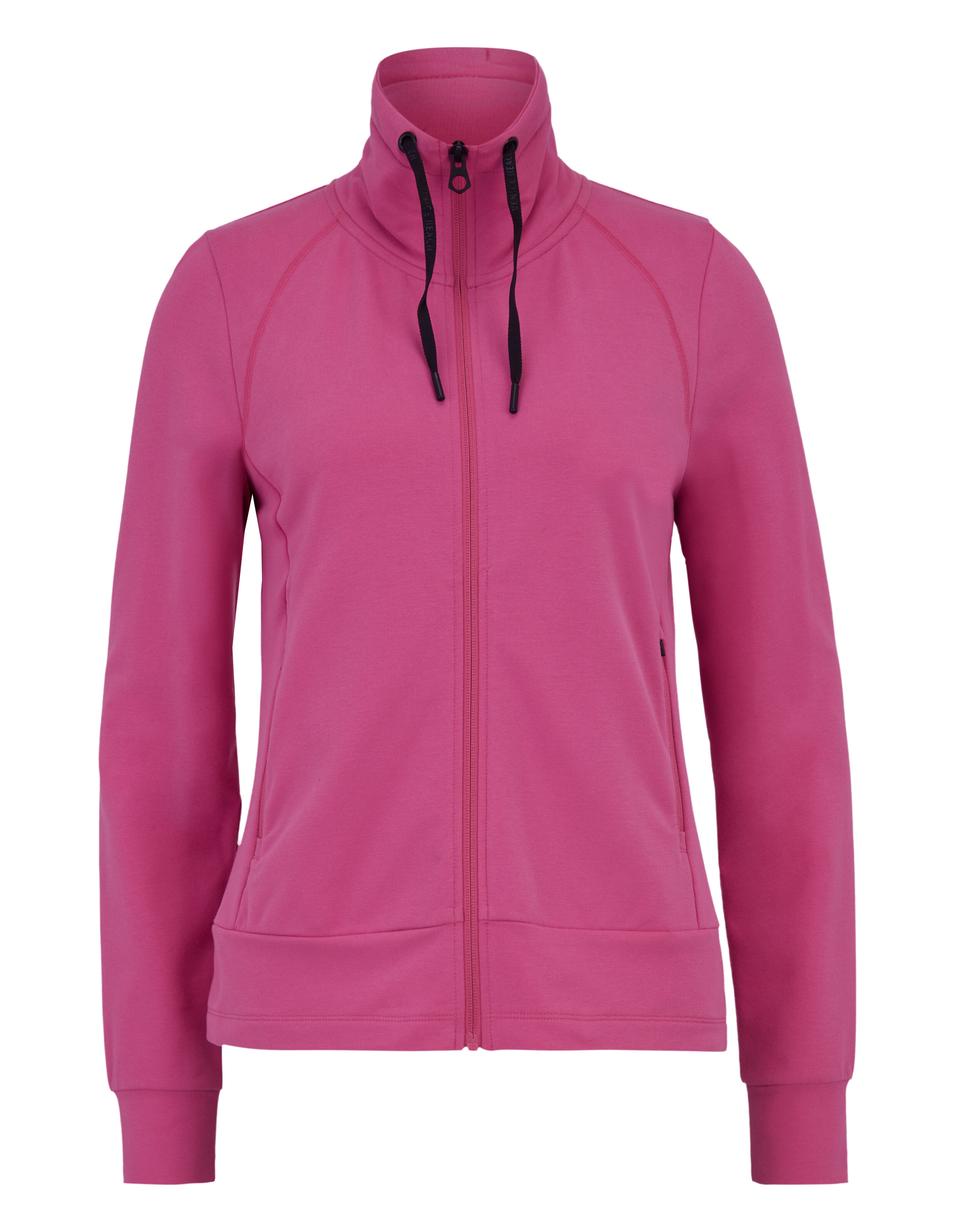 Rosafarbenes Sweatshirt mit Reißverschluss, hohem Kragen und schwarzen Kordeln für Freizeitkleidung.