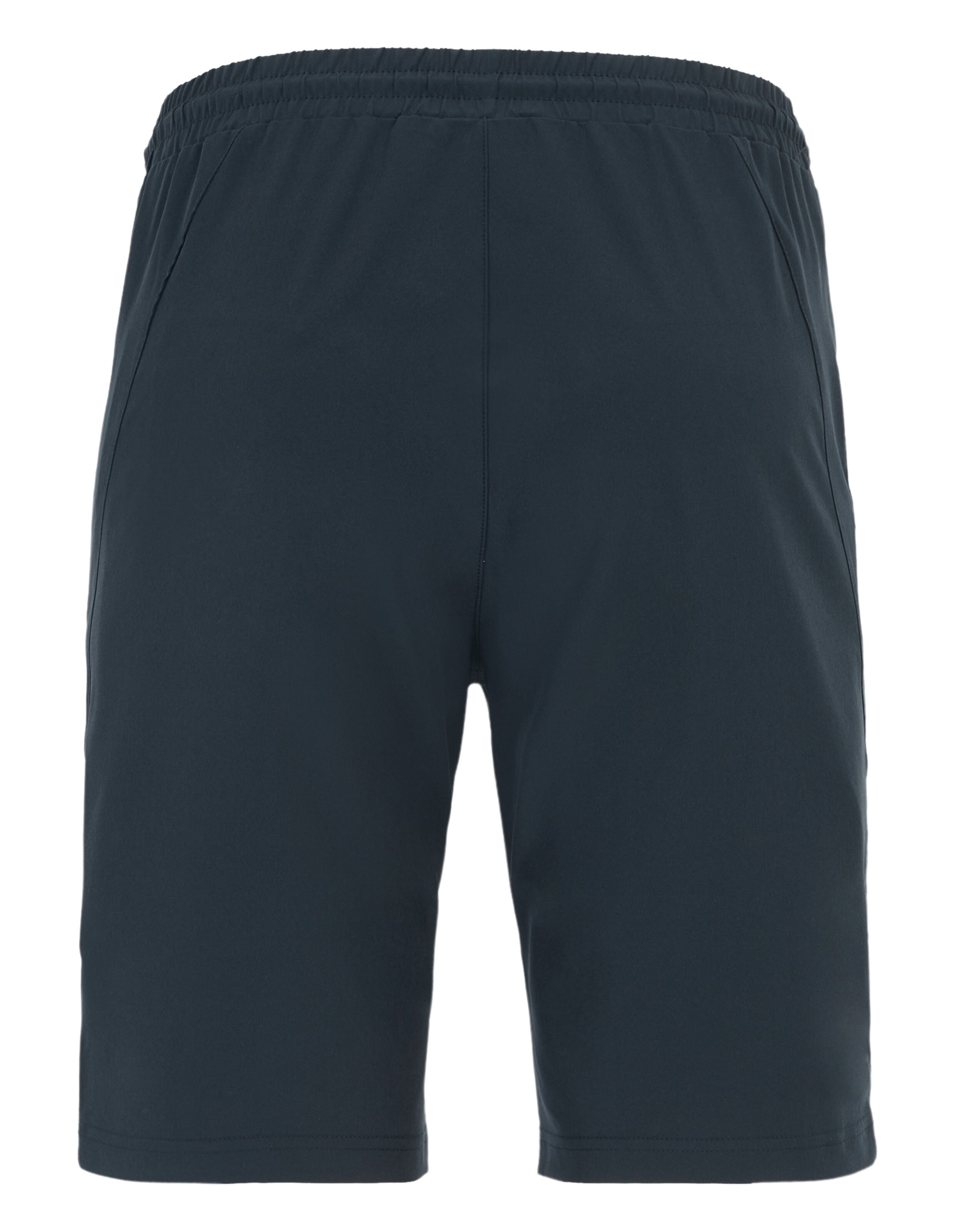 Dunkelblaue, knielange Sportshorts aus glattem Stoff mit elastischem Bund und seitlichen Taschen, ideal für Freizeit und Sport.