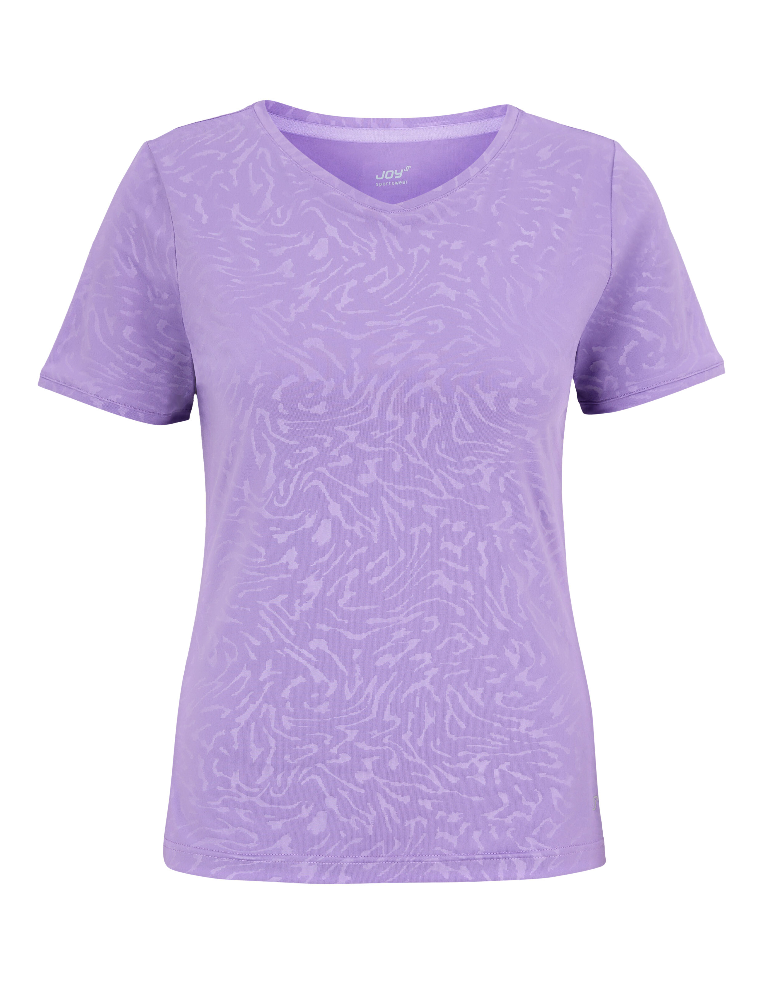 Hellviolettes T-Shirt mit V-Ausschnitt und dezentem abstraktem Muster für Freizeitkleidung.