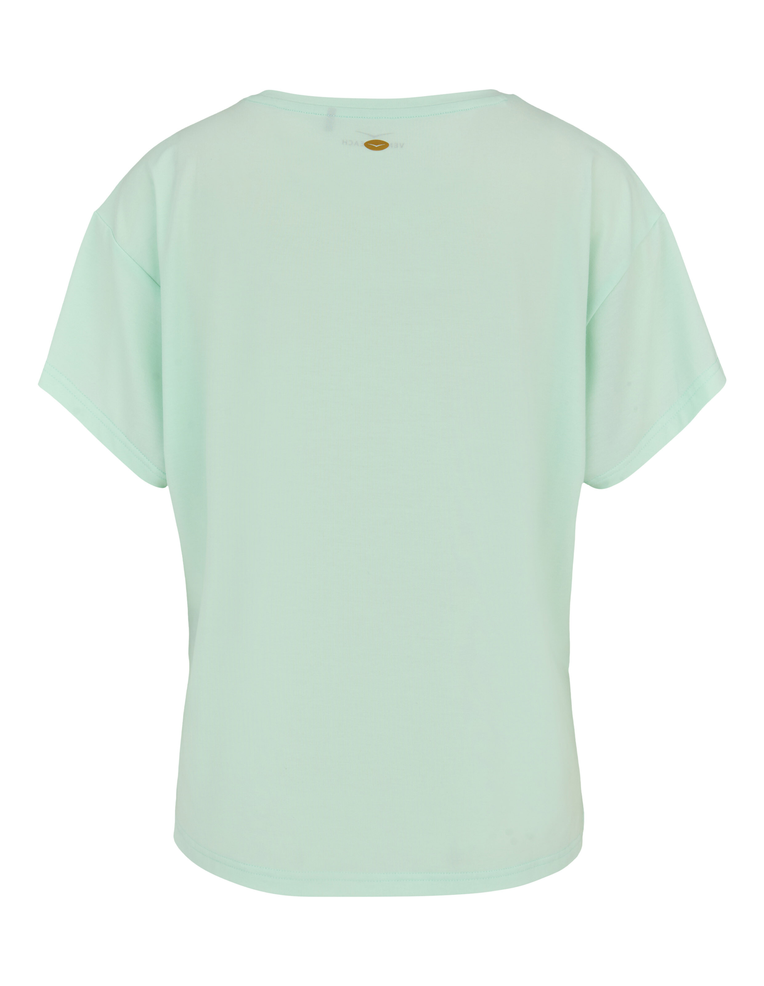 Rückansicht eines hellgrünen Freizeit-T-Shirts mit kleinem Logo für bequeme Loungewear.