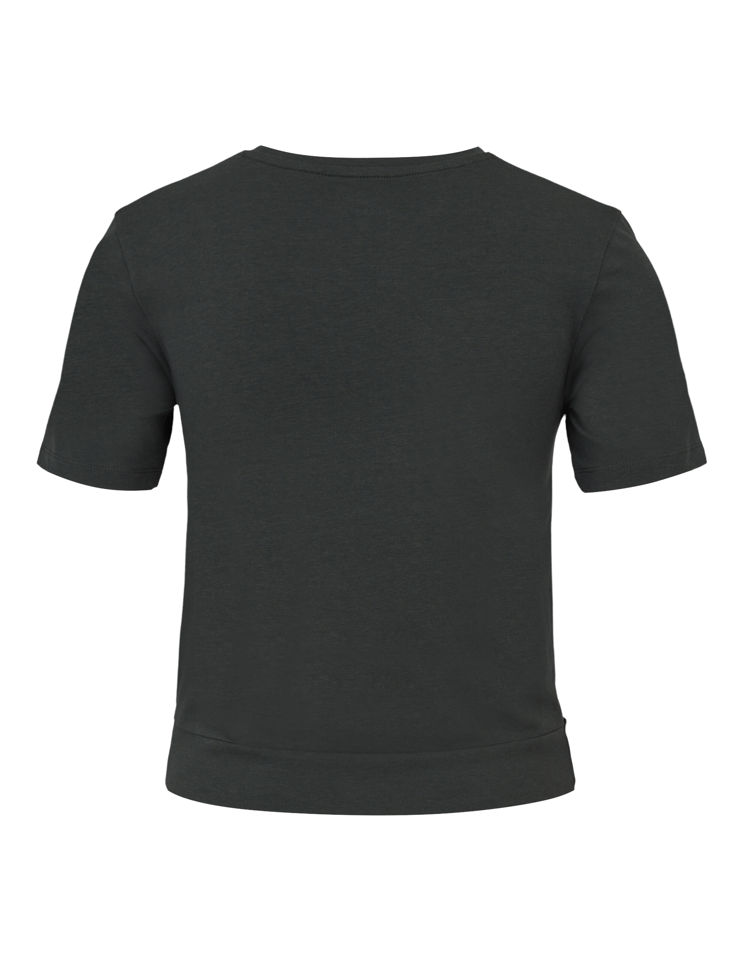 Rückansicht eines dunkelgrauen, lässigen Kurzarm-T-Shirts für bequemes Tragen im Alltag.