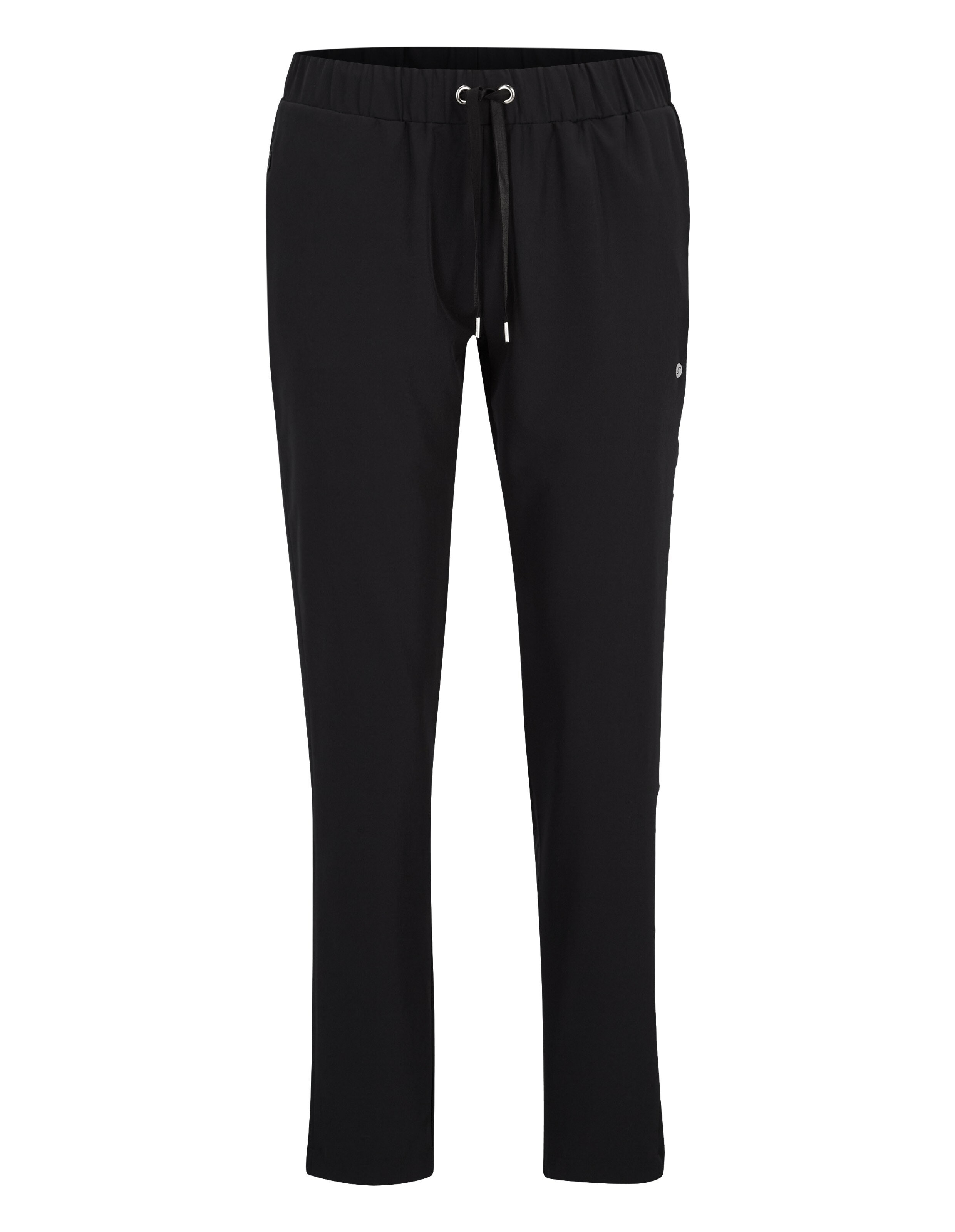 Schwarze Freizeithose mit elastischem Bund und Kordelzug, schmal geschnitten, ideal für Komfort und sportlichen Stil.
