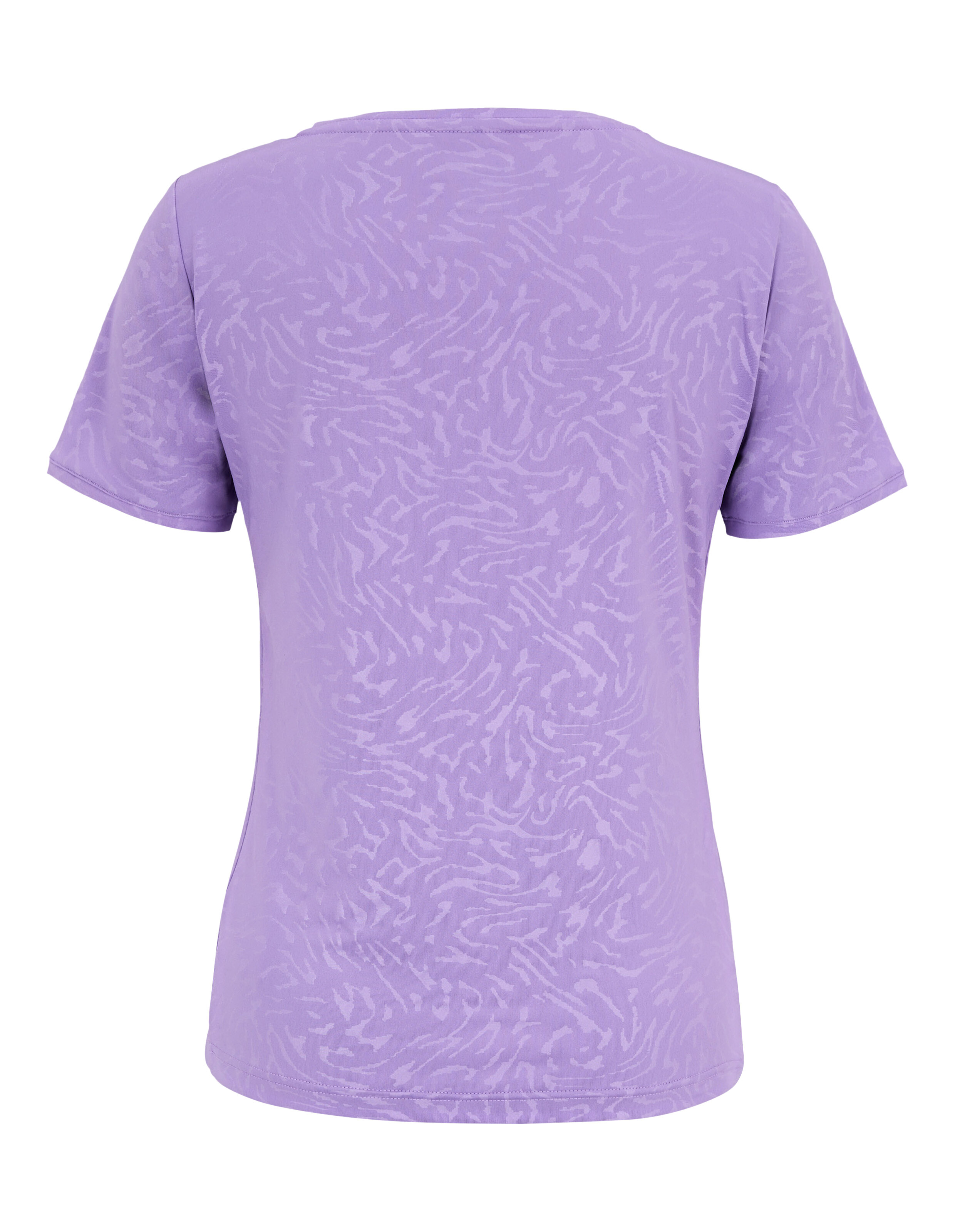 Rückansicht eines kuscheligen lavendelfarbenen T-Shirts mit dezentem Muster, perfekt für Freizeitkleidung.