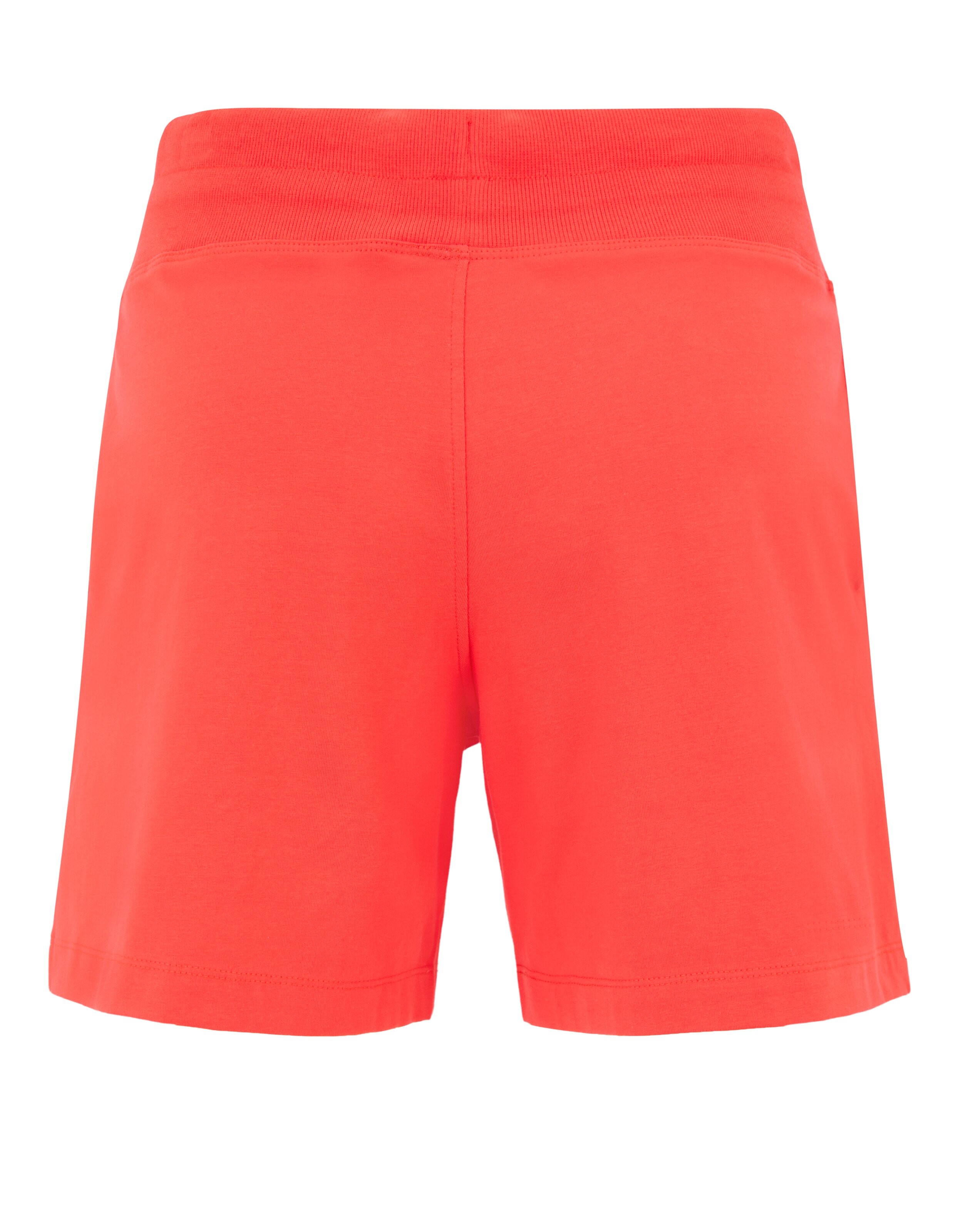 Rückansicht von lässigen Shorts in hellem Korallenrot mit elastischem Bund.