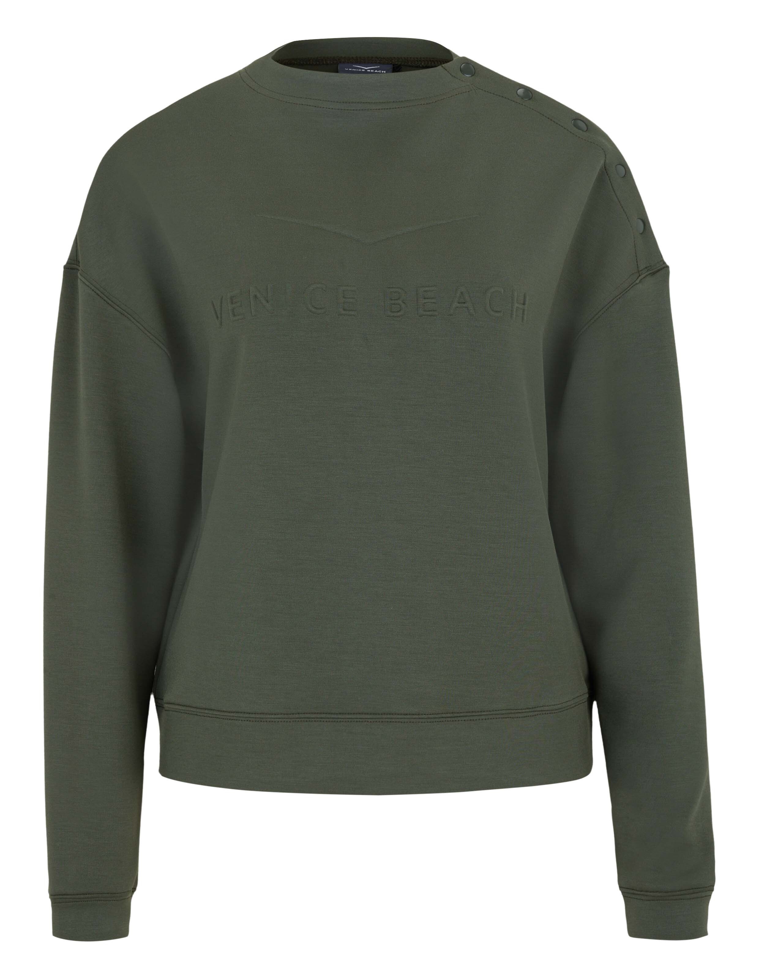 Olivgrünes Venice Beach Cody-Sweatshirt mit Knopfdetail an der Schulter.