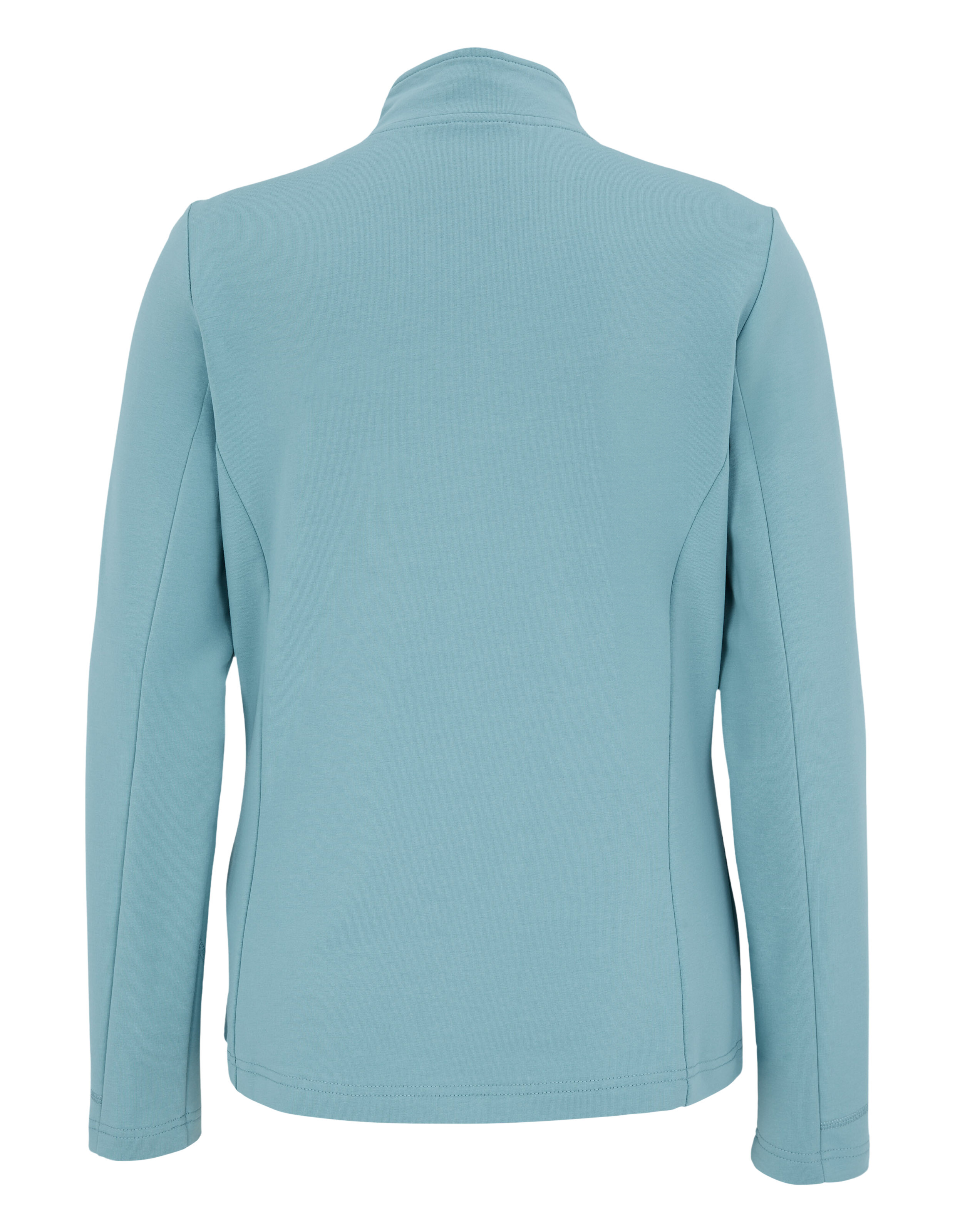 Rückansicht einer hellblauen Freizeitjacke mit hohem Kragen und langen Ärmeln.