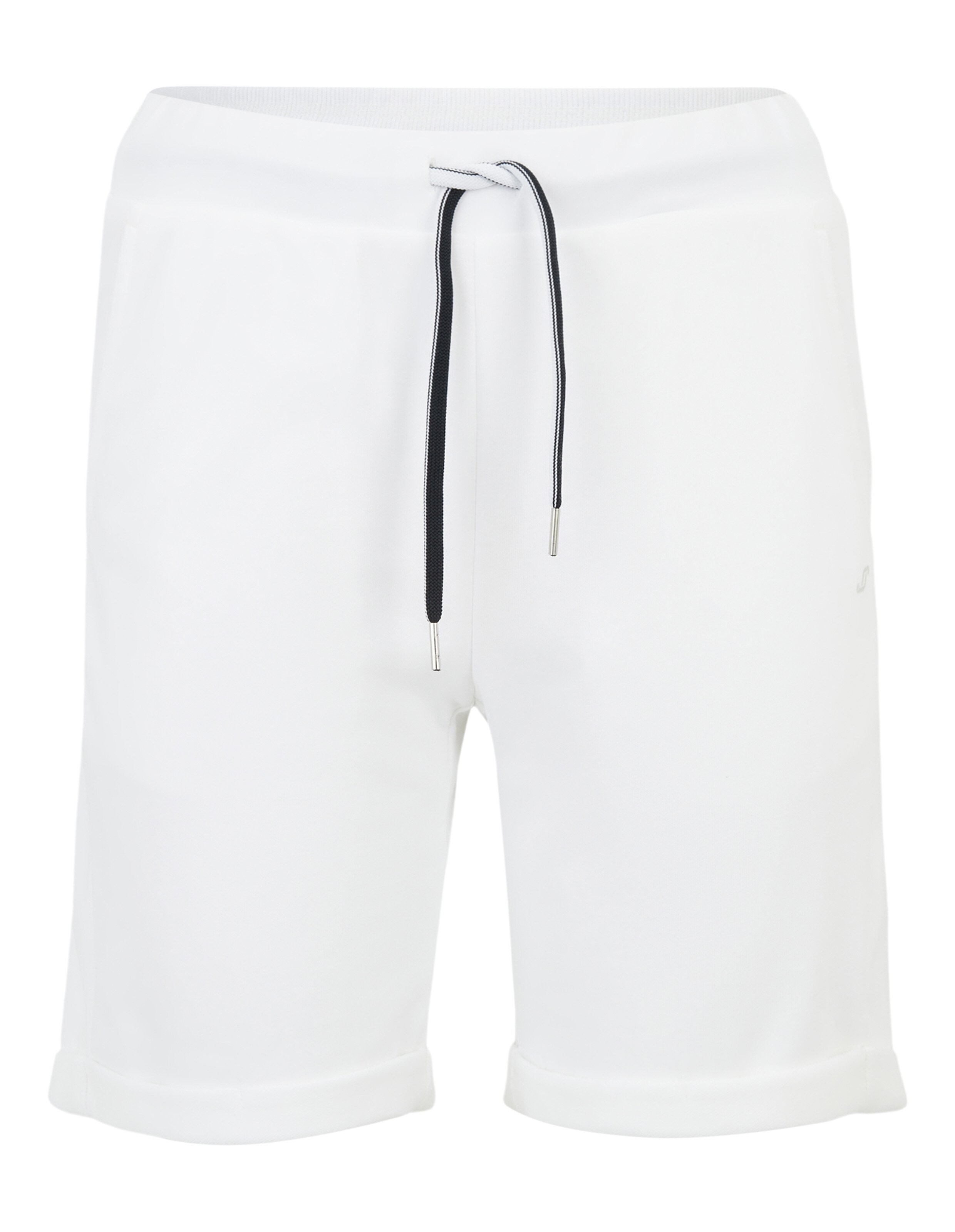 Weiße Shorts aus leichtem Stoff mit elastischem Bund und schwarzer Kordel, ideal für Freizeit und sportliche Aktivitäten.