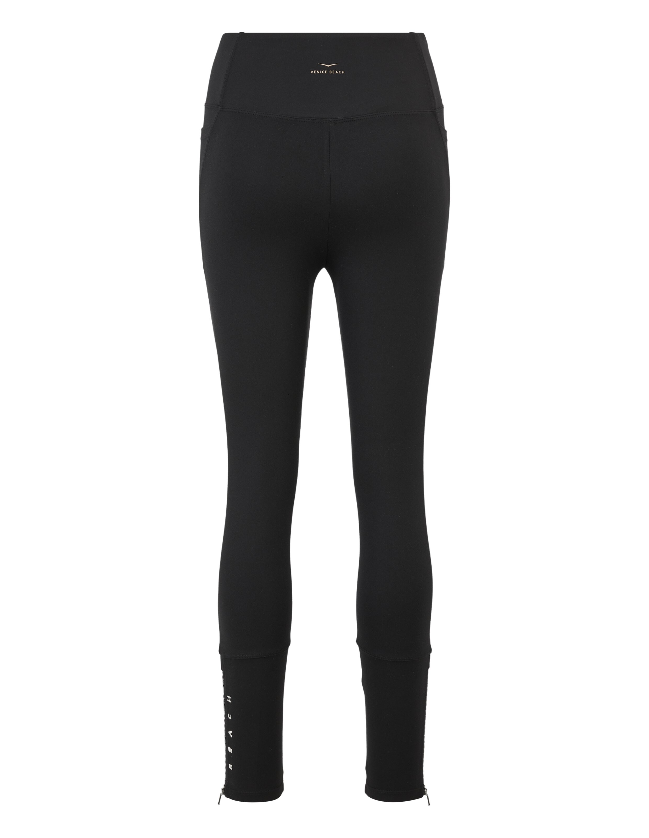 Schwarze Leggings mit hohem Bund, schlankem Design und Bündchen mit Reißverschluss.
