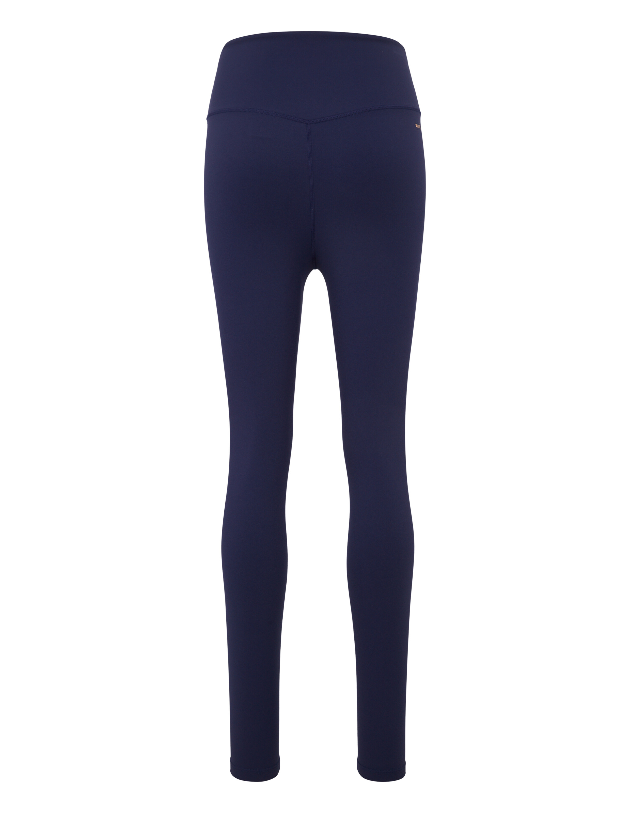 Rückansicht einer dunkelblauen Leggings mit hoher Taille für Freizeitkleidung und Faulenzen.
