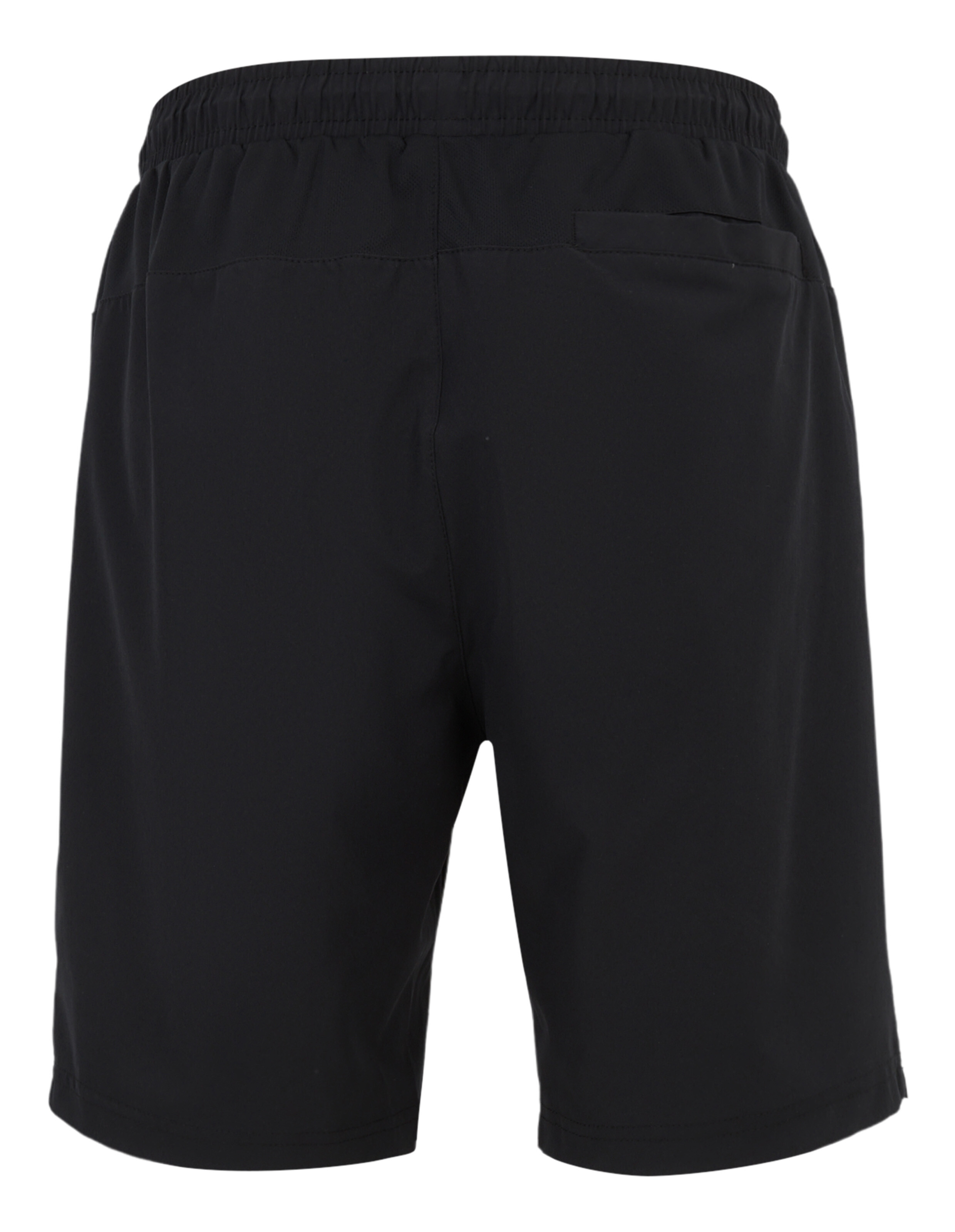 Rückansicht einer schwarzen, lässigen Lounge-Shorts mit elastischem Bund und Taschendetail.