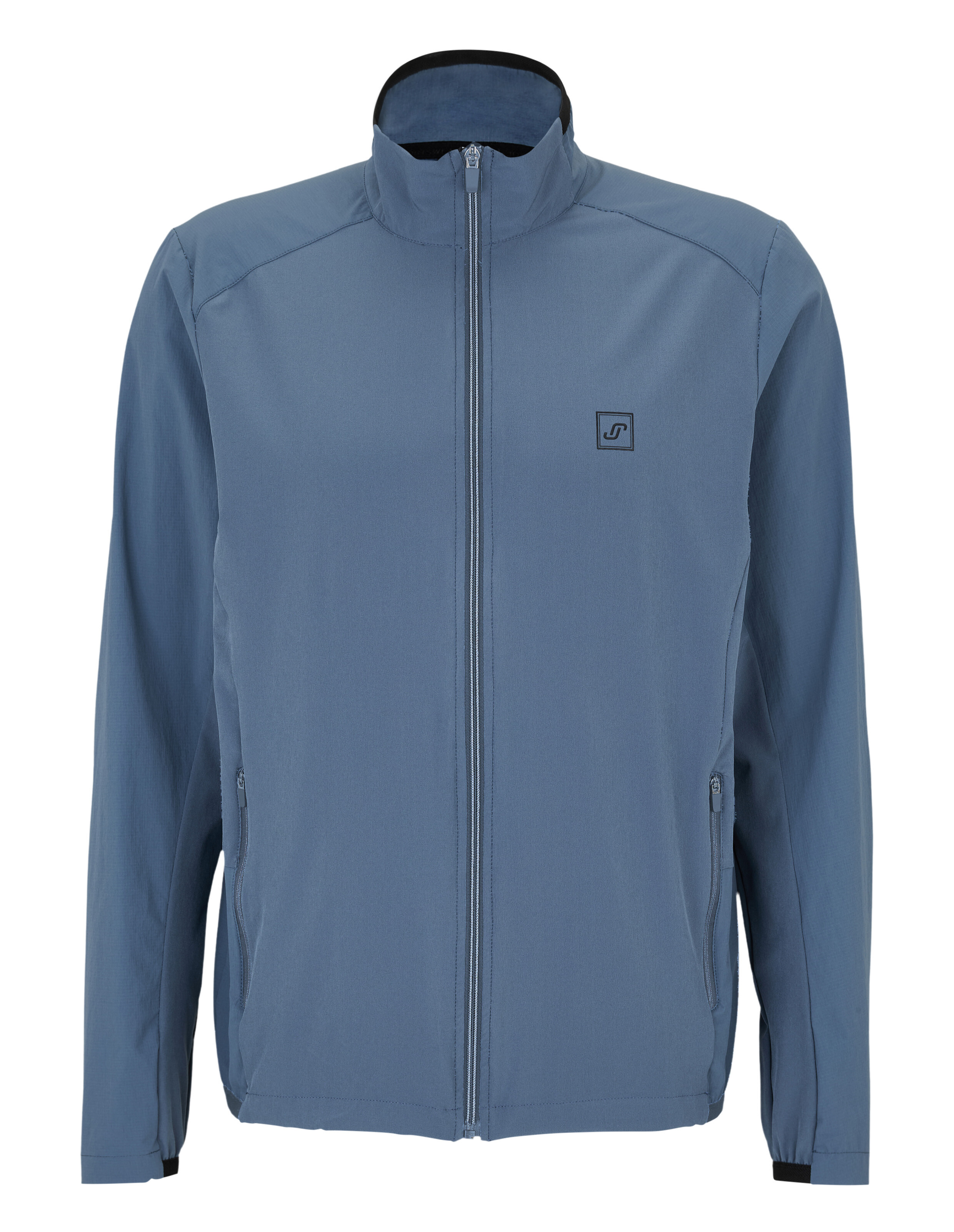 Eine blaue Freizeitjacke mit durchgehendem Reißverschluss und zwei Reißverschlusstaschen.