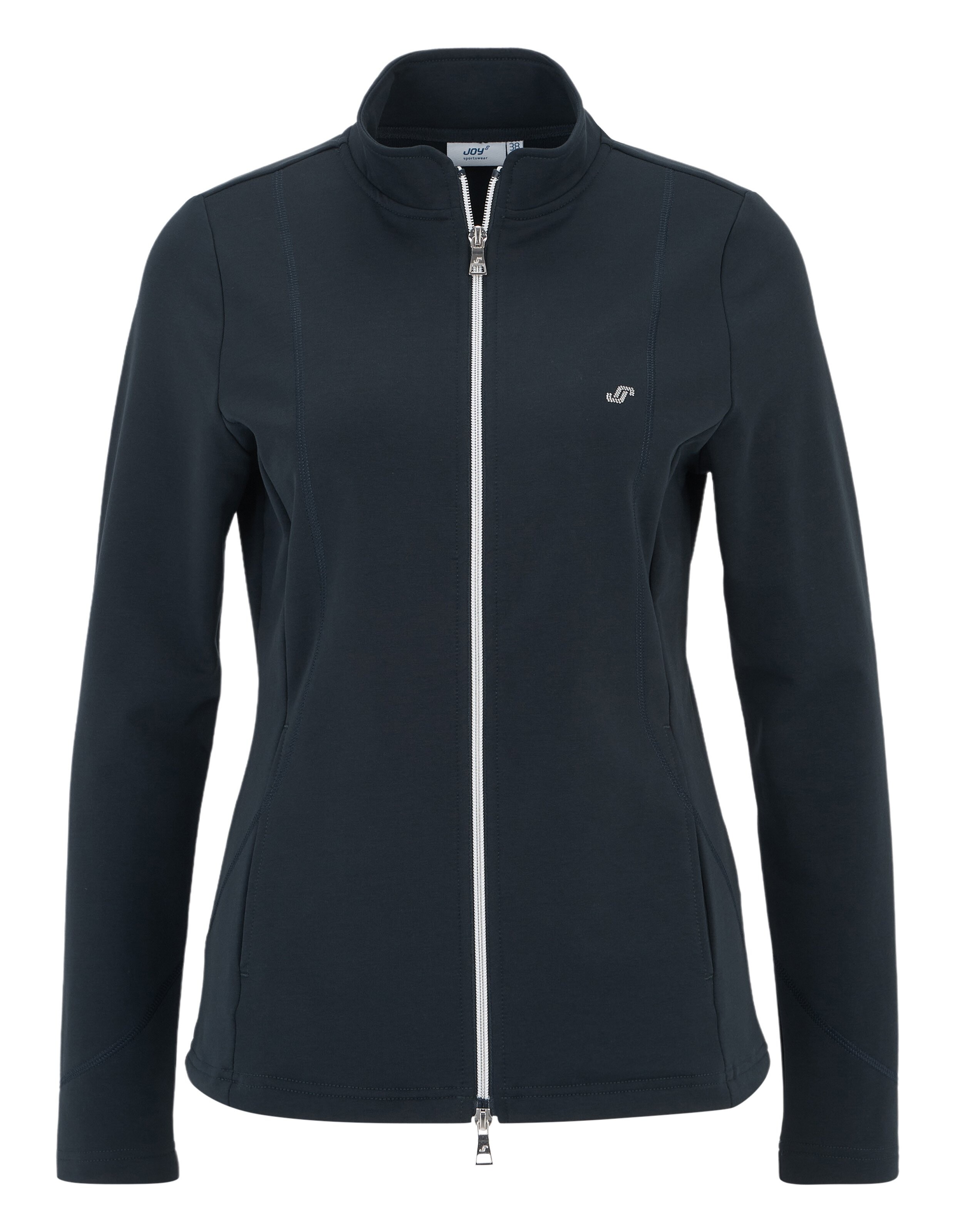 Dunkelblaue Damenjacke mit weißem Reißverschluss, Stehkragen und dezentem Logo links auf der Brust.