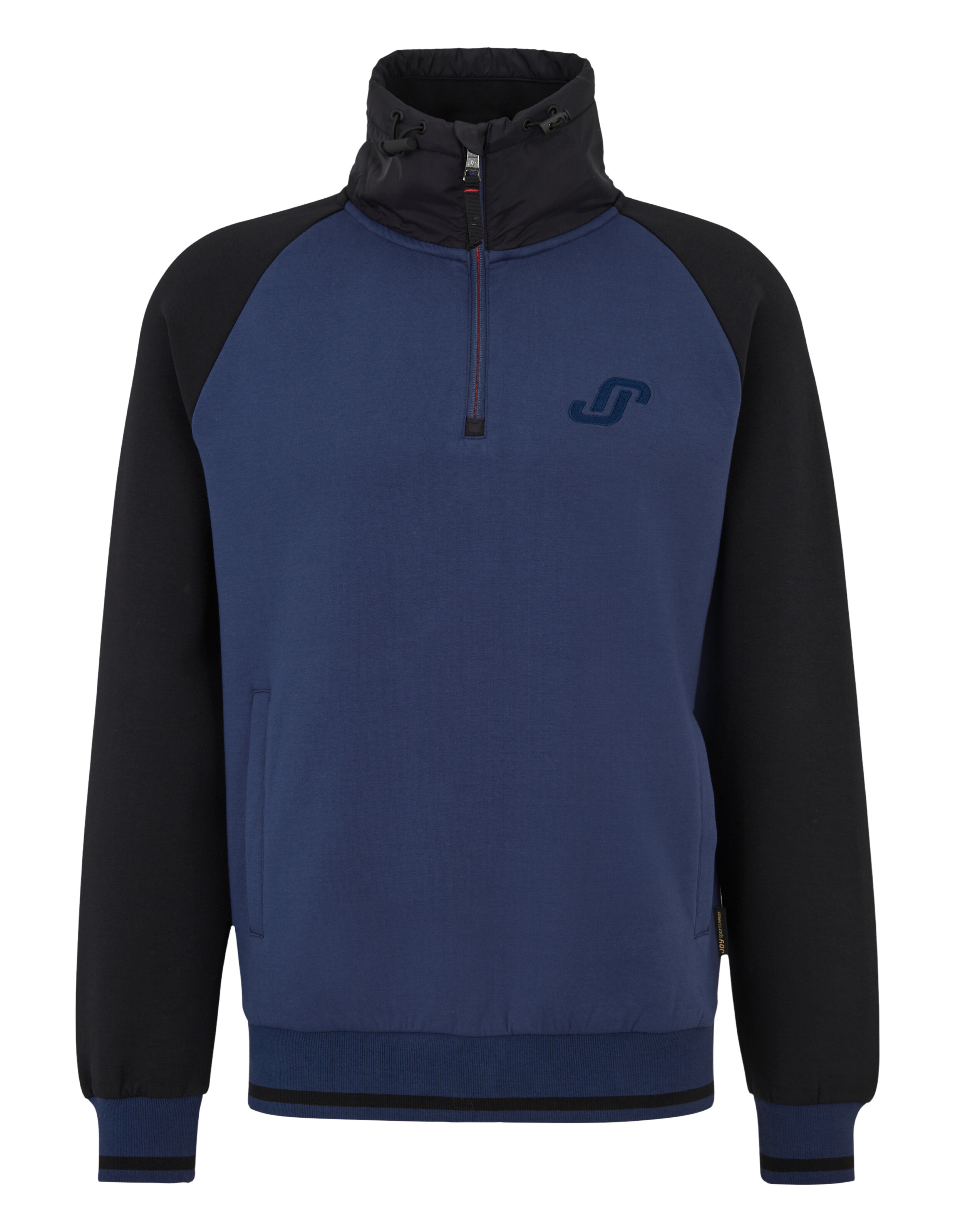 Marineblaues und schwarzes Sweatshirt mit Reißverschluss, hohem Kragen und Logodetail.