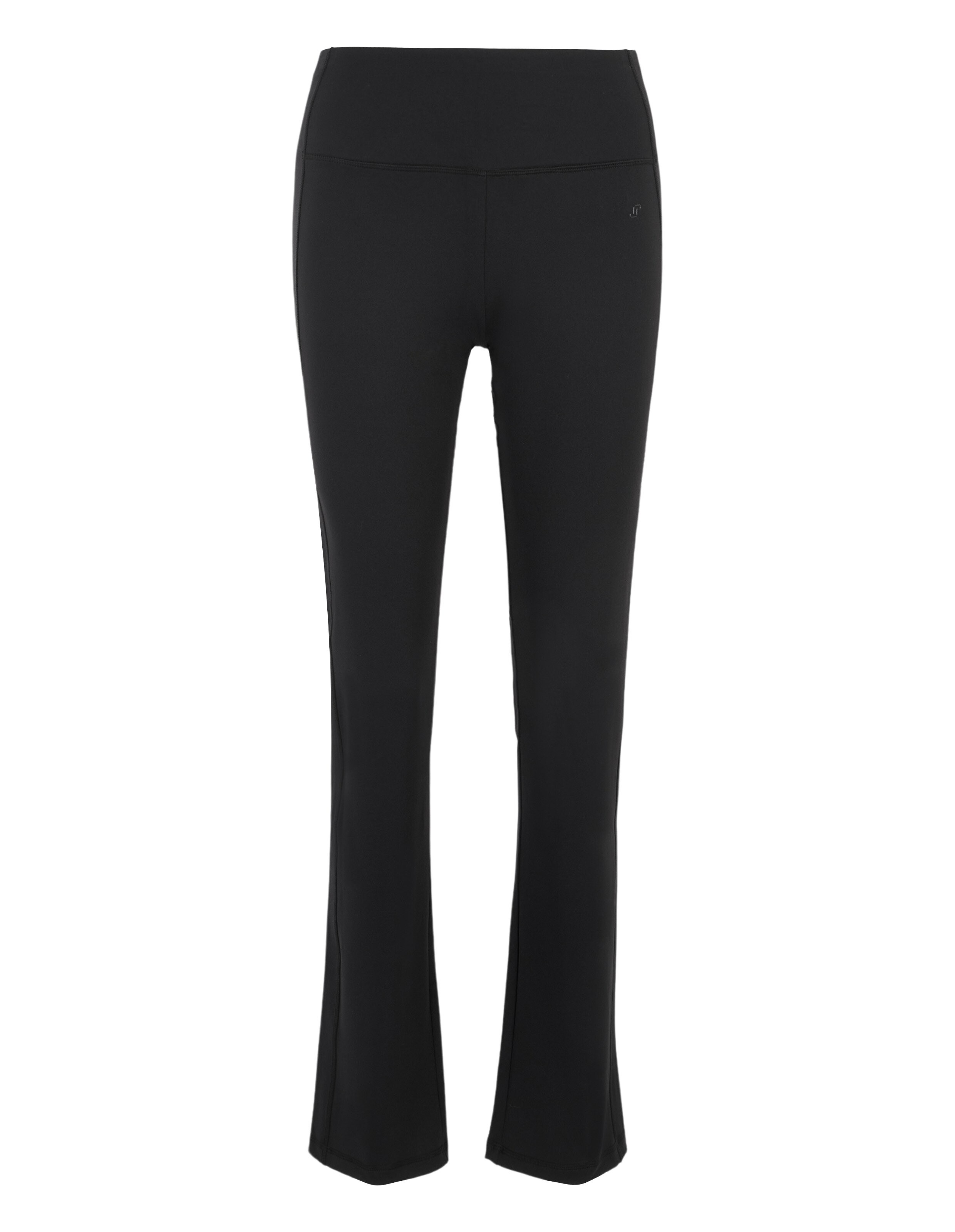 Schwarze, lange Yogahose mit breitem Bund und leicht ausgestelltem Schnitt, ideal für Komfort und Bewegungsfreiheit beim Training.