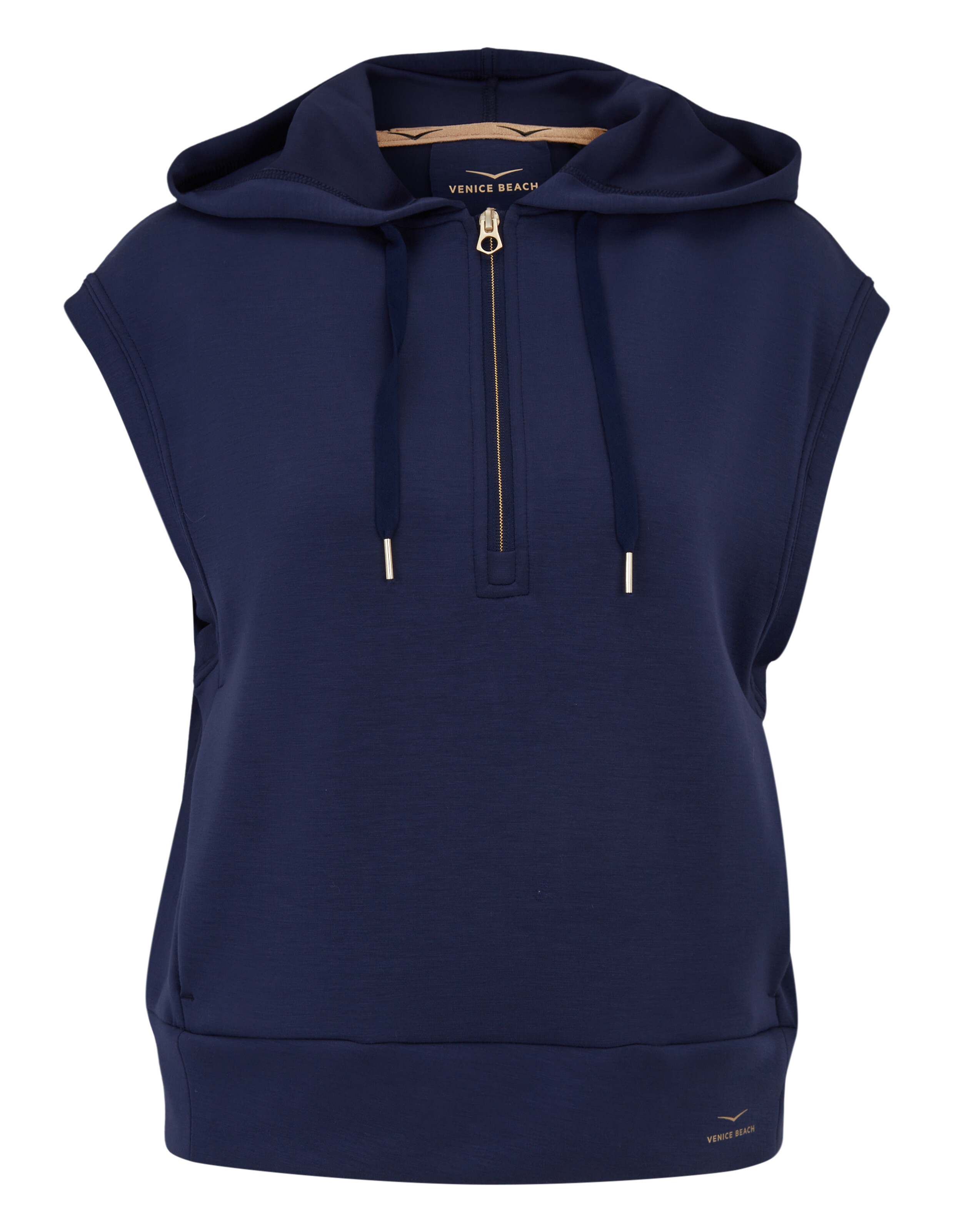 Marineblauer, ärmelloser Kapuzenpullover von Venice Beach mit halbem Reißverschluss zum lässigen Faulenzen.
