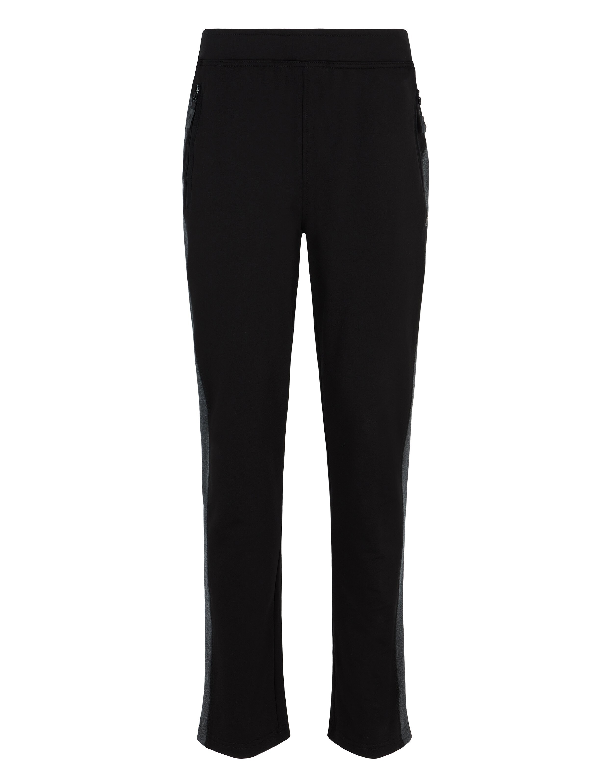 Schwarze, lässige Lounge-Hose mit Seitenstreifen und Reißverschlusstaschen für bequemes Tragen im Alltag.